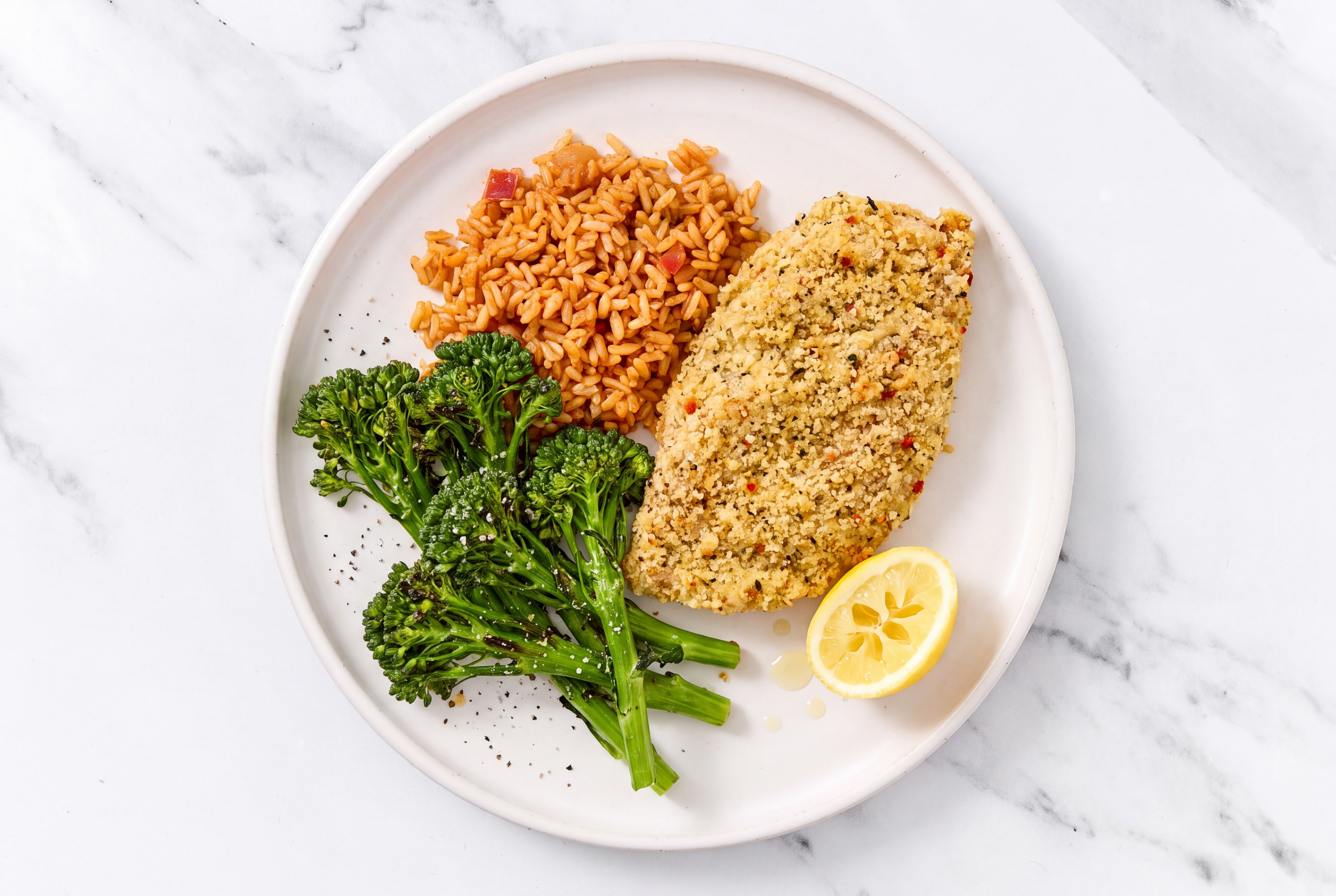 Lemon Parmesan Breaded Chicken Cutlet with Baby Broccoli & Mexican Rice