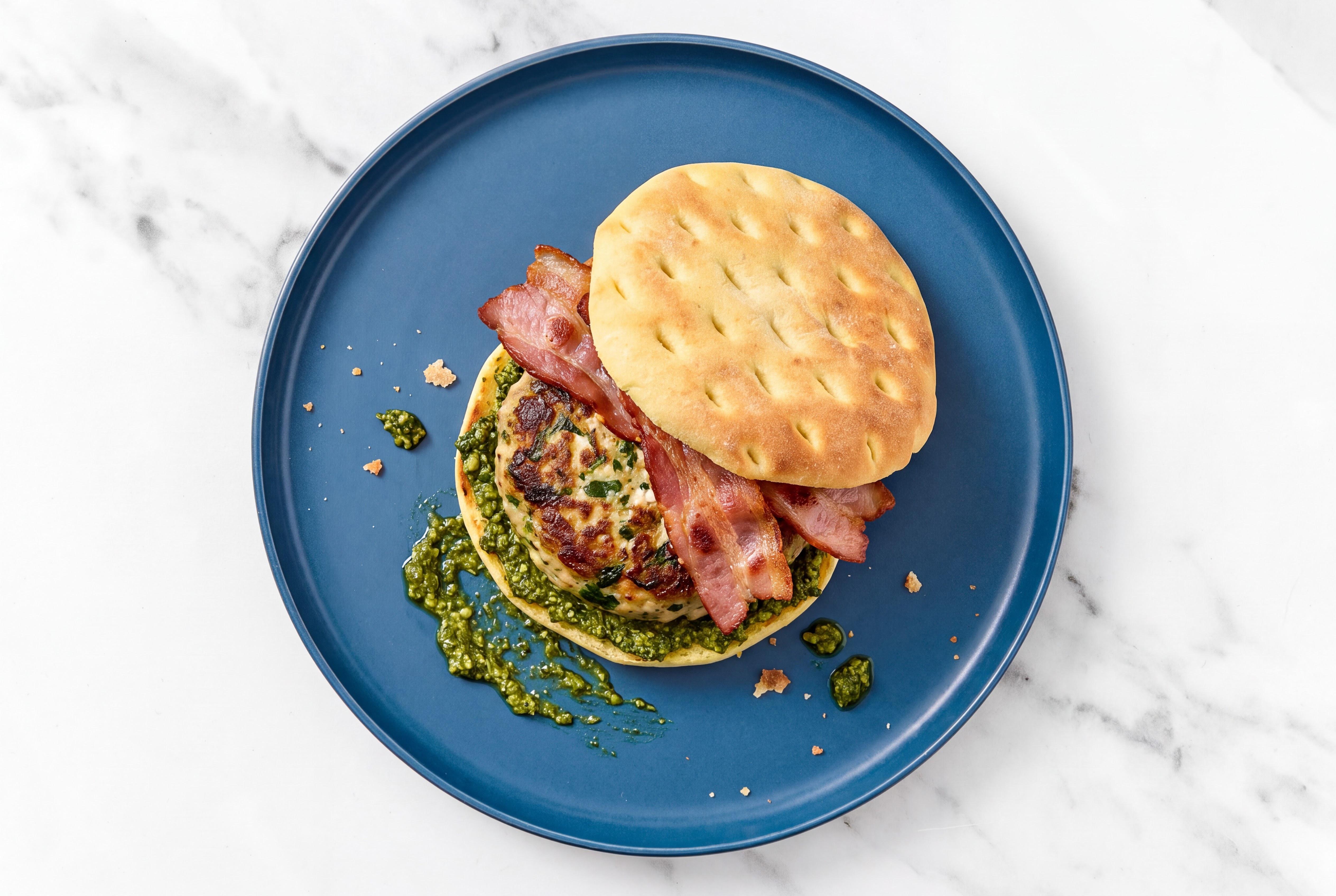 Garlic Turkey Burger on Brioche Thin Buns with Spinach Pesto & Turkey Bacon