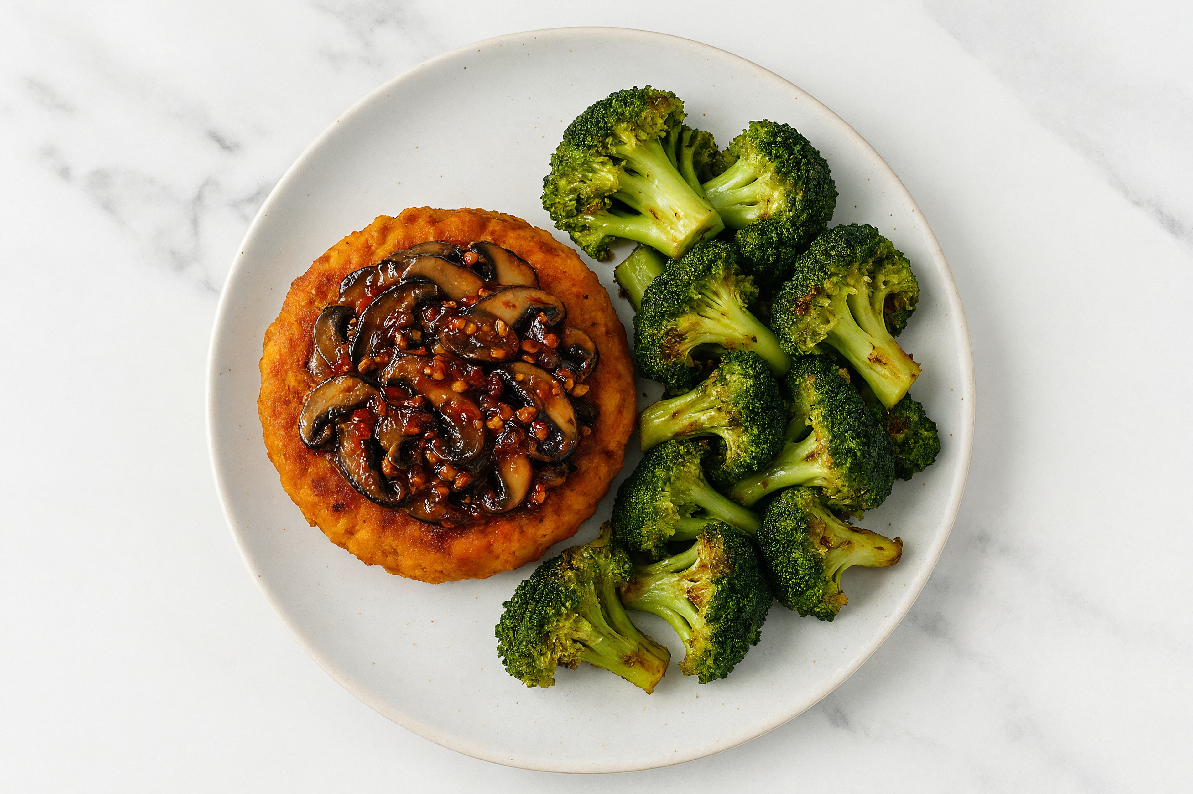 Sweet Potato Patty Plate with Chili Crisp Organic Broccoli + Portabella Mushroom Bowl