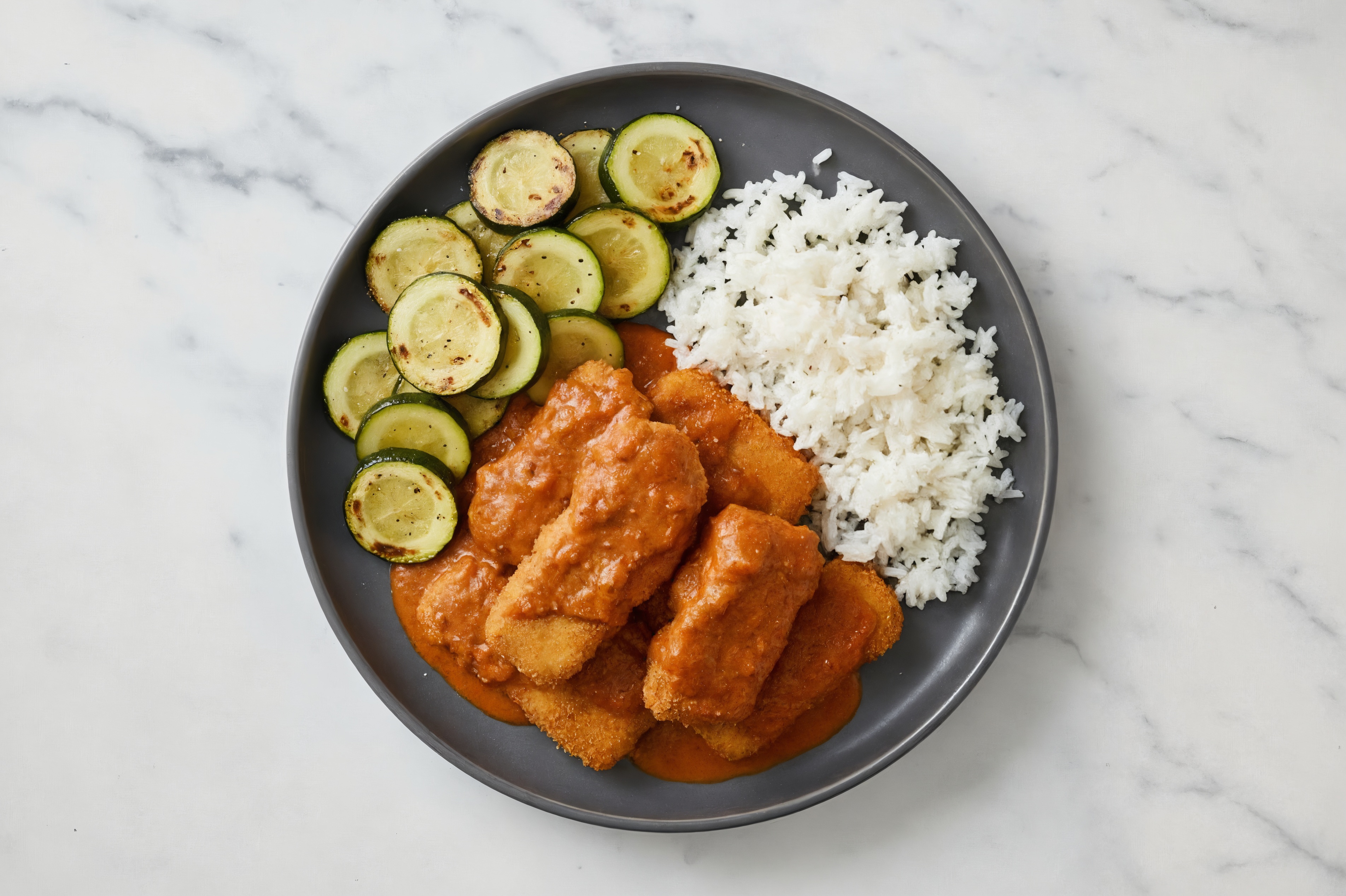 Crispy Tikka Masala Pollock Nuggets + Zucchini and Long Grain White Rice