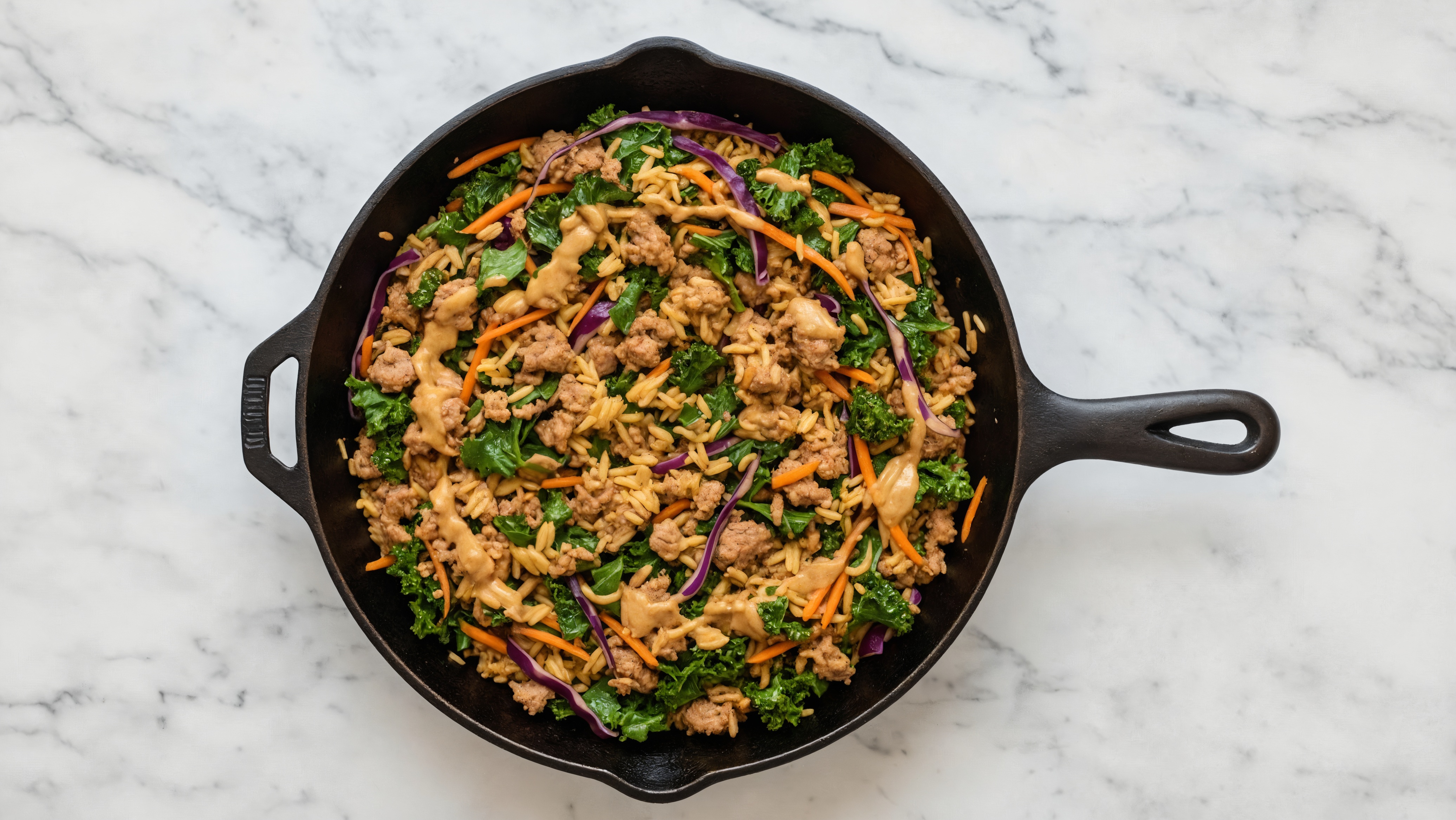 Thai Peanut Rainbow Veggie + Ground Bison Stir-Fry with Seasoned Jasmine Rice