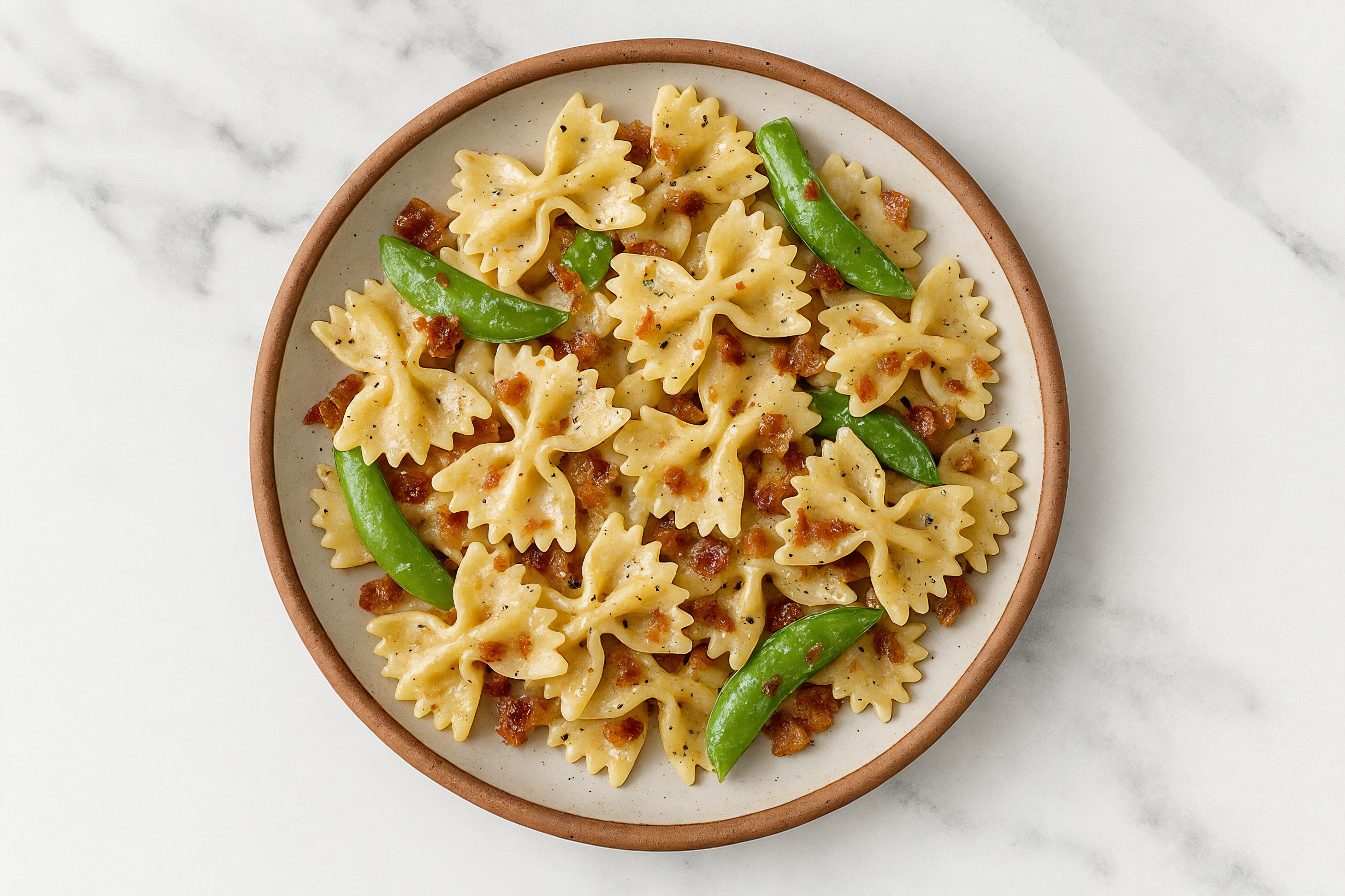 Farfalle Pasta Herb Cream with Applewood Smoked Pork Bacon + Snap Peas