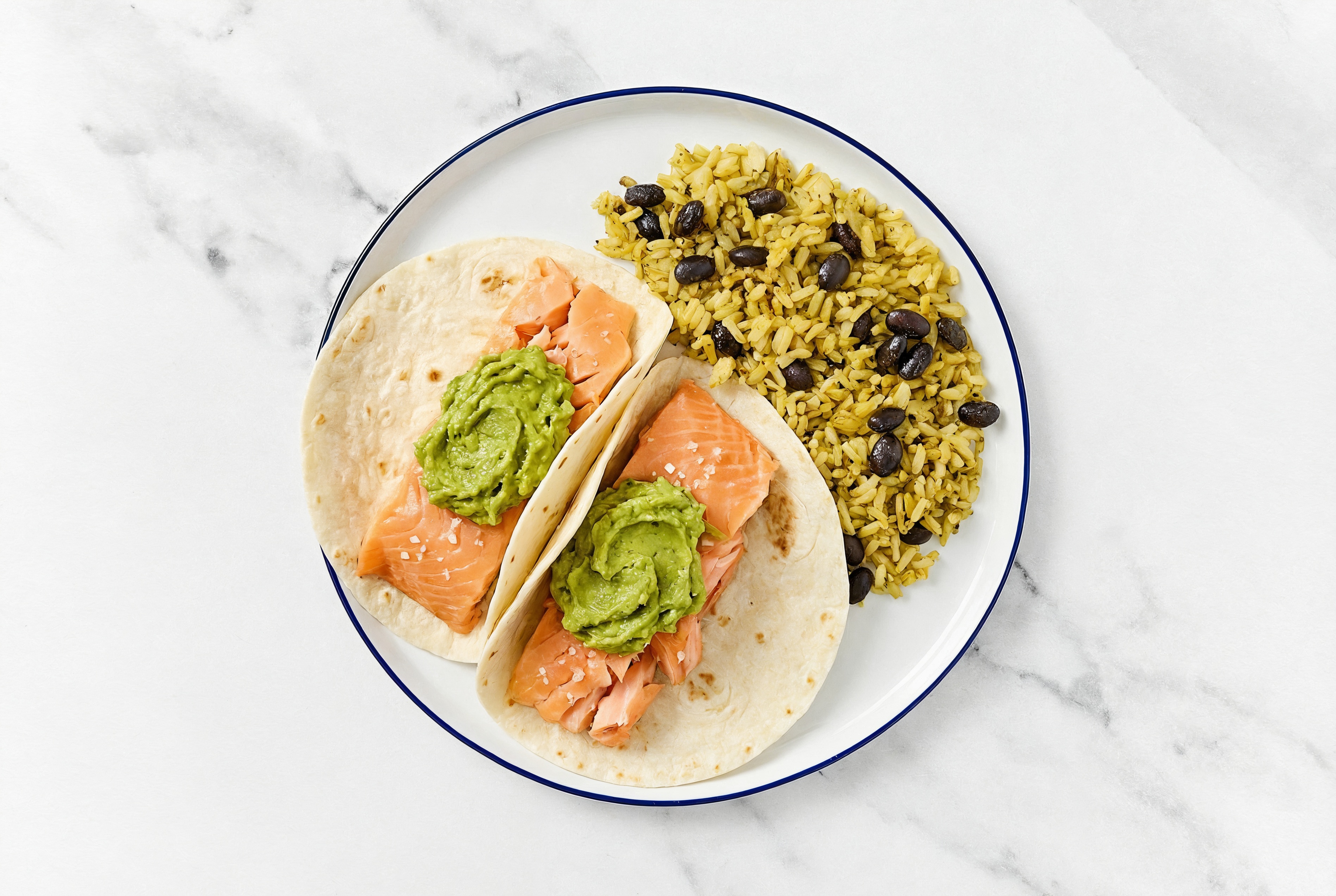 Salmon Tacos with Guacamole + Rice with Beans