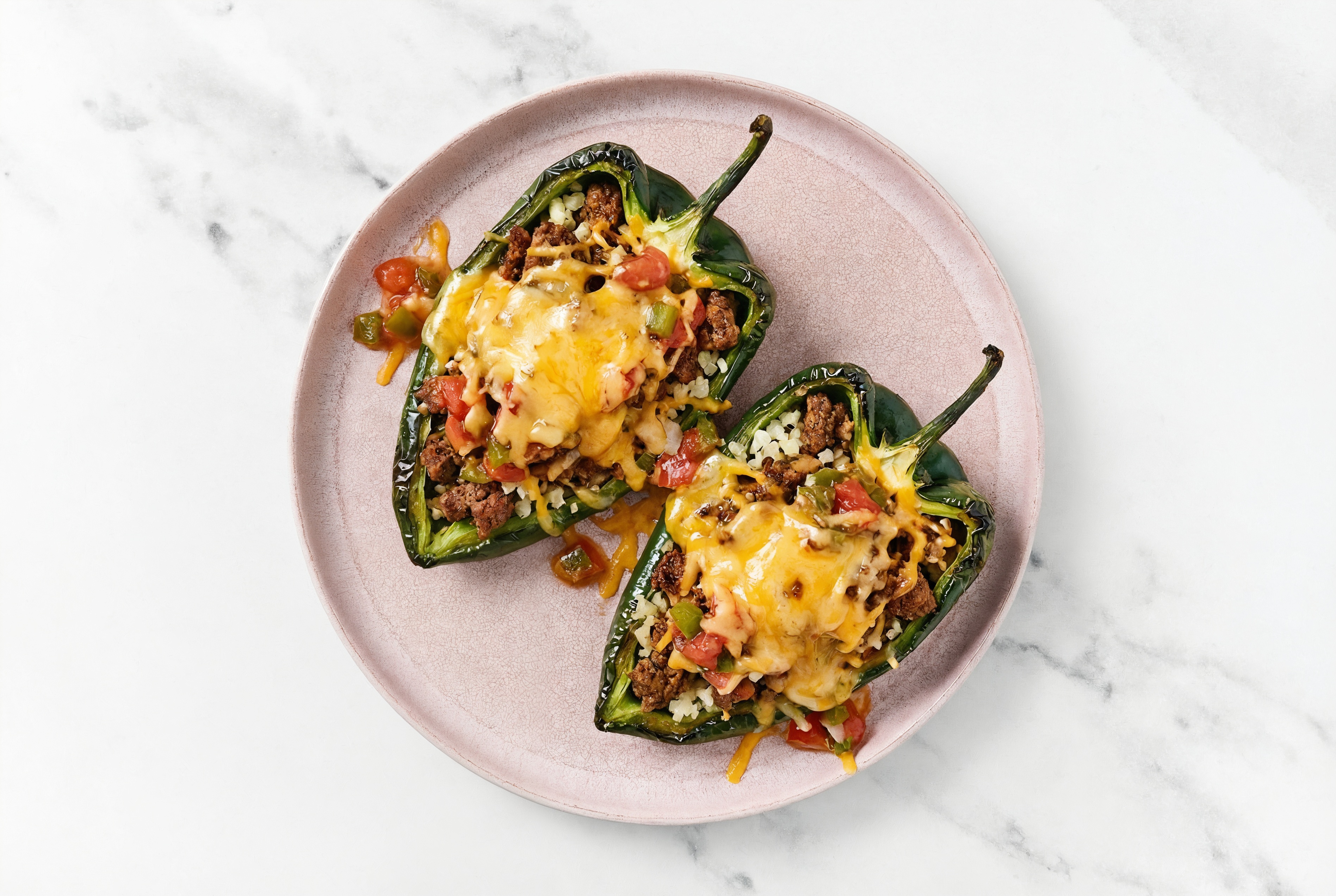 Cheesy Meatball + Cauliflower Stuffed Poblano Peppers