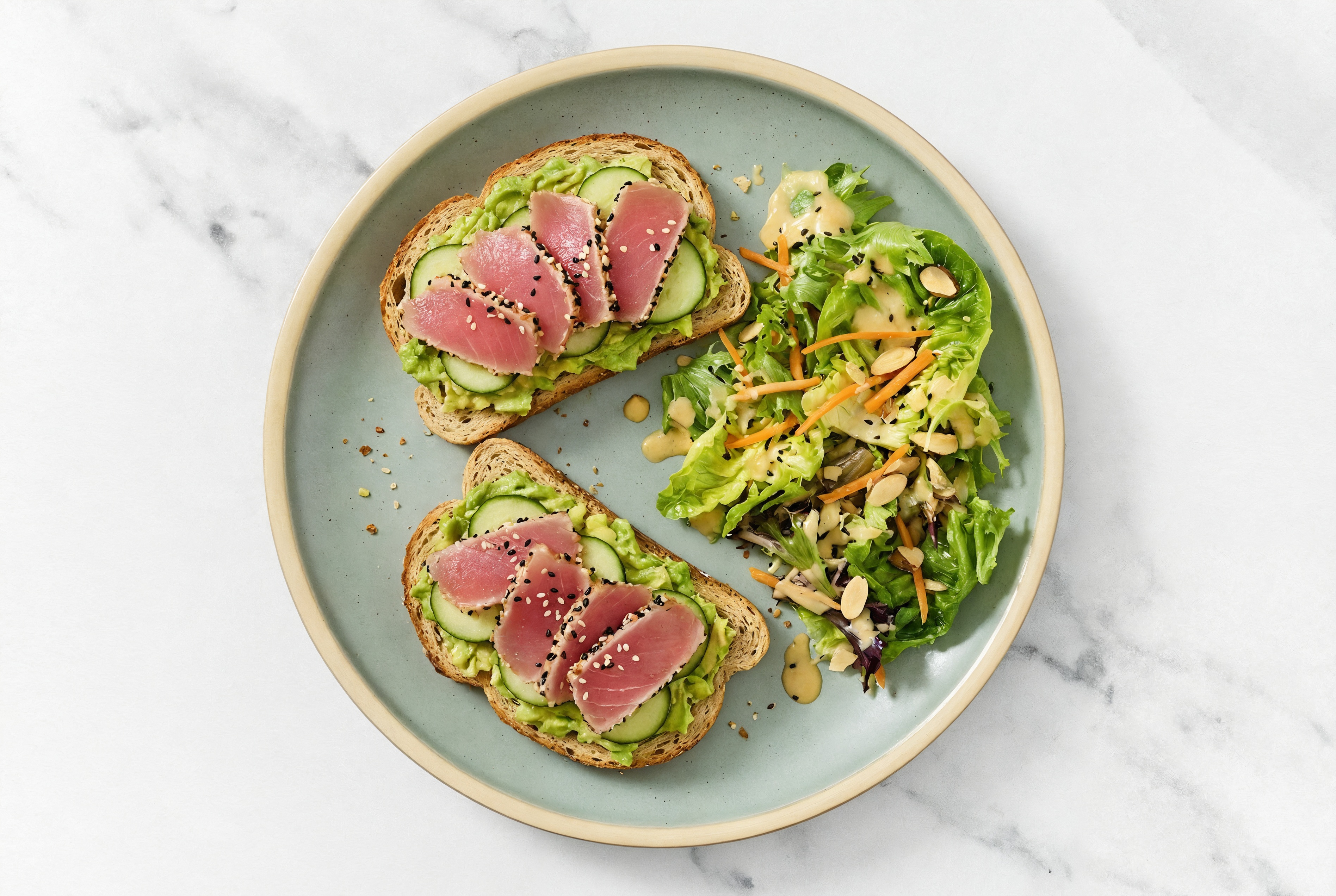 Open Face Avocado + Smoked Tuna Sandwiches with Chopped Little Gem Salad