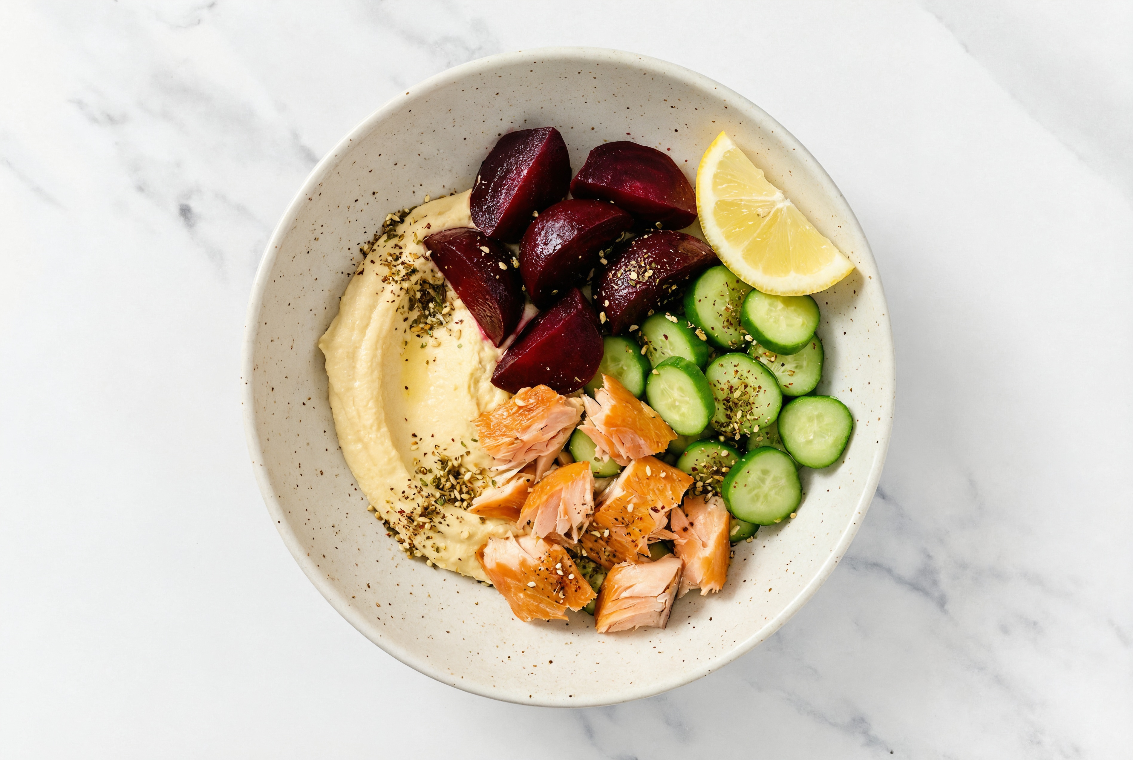Lemony Salmon + Za'atar Beet Bowl with Lemon Garlic Hummus