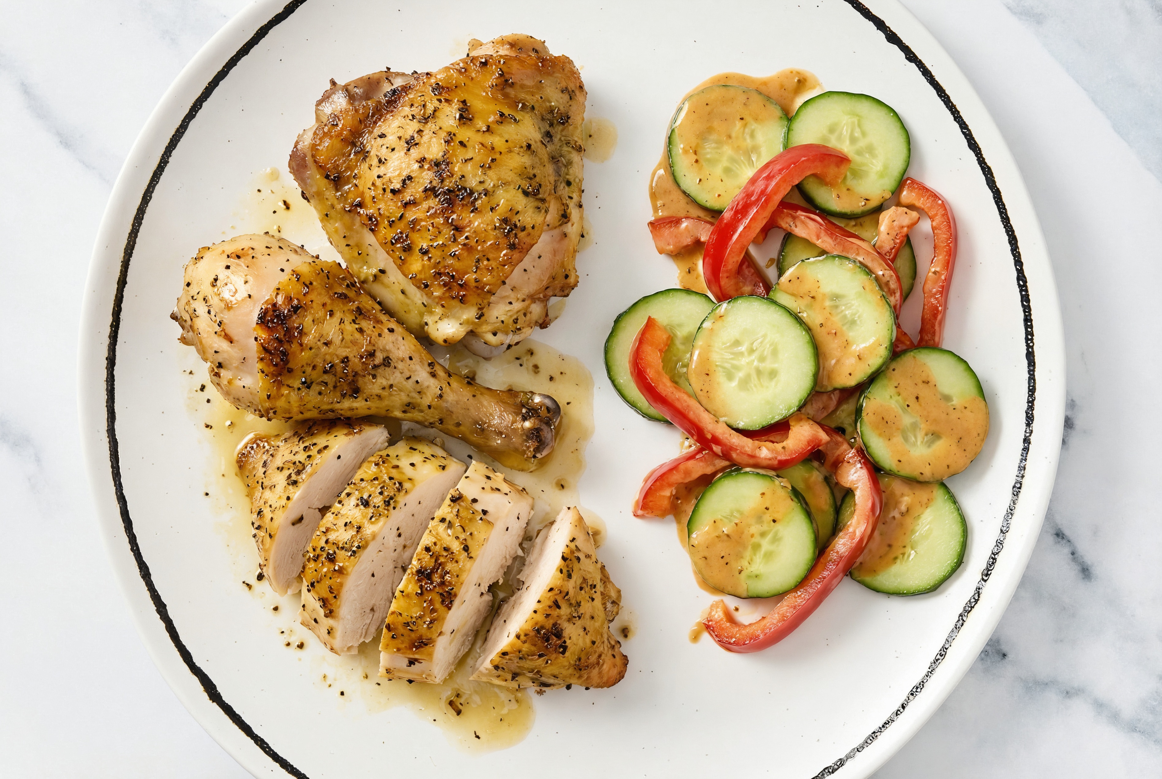  Juicy Lemon Chicken + BBQ Cucumber Salad with Red Bell Pepper