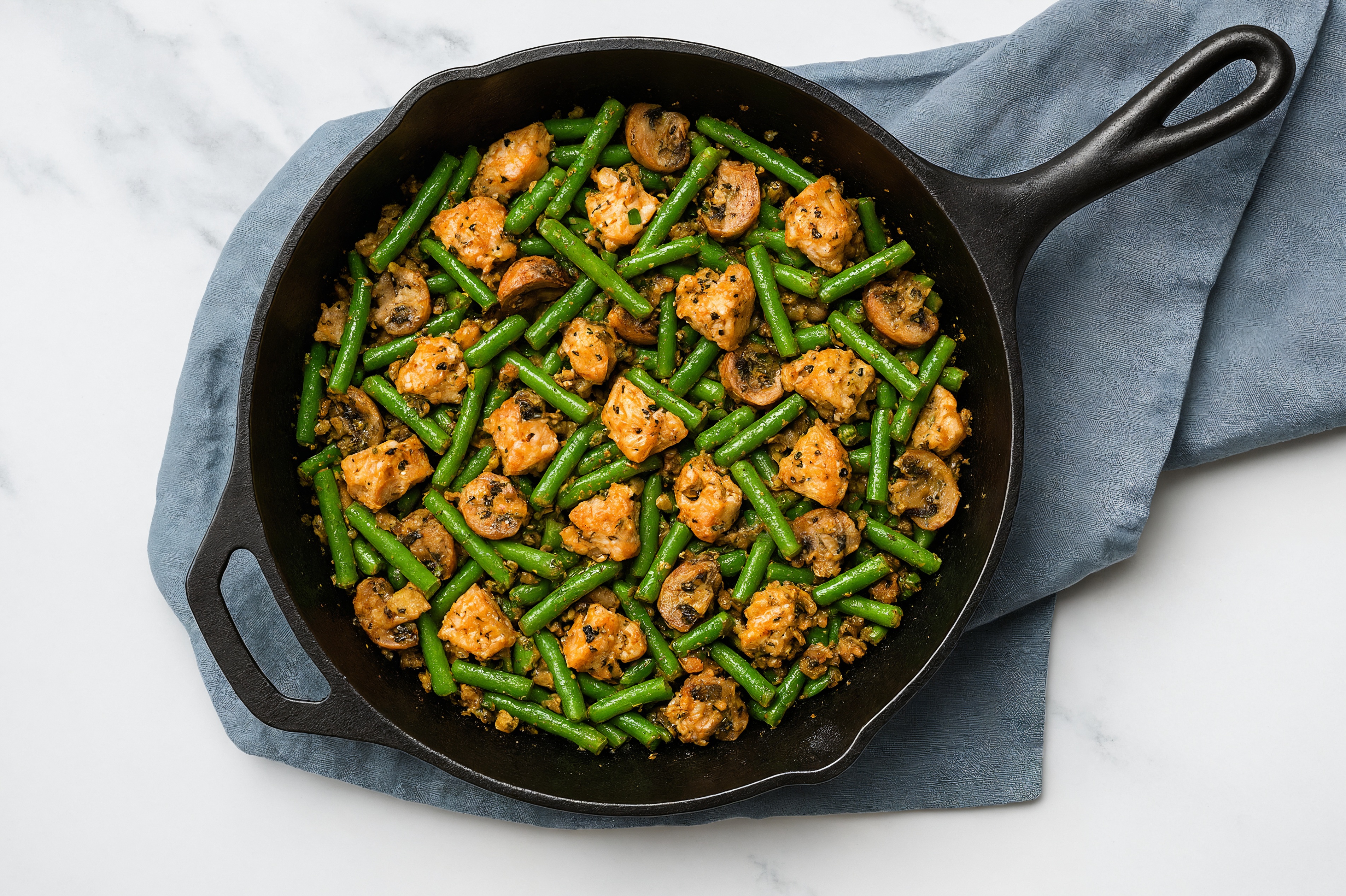 Garlicky Salmon, Green Bean + Mushroom Skillet