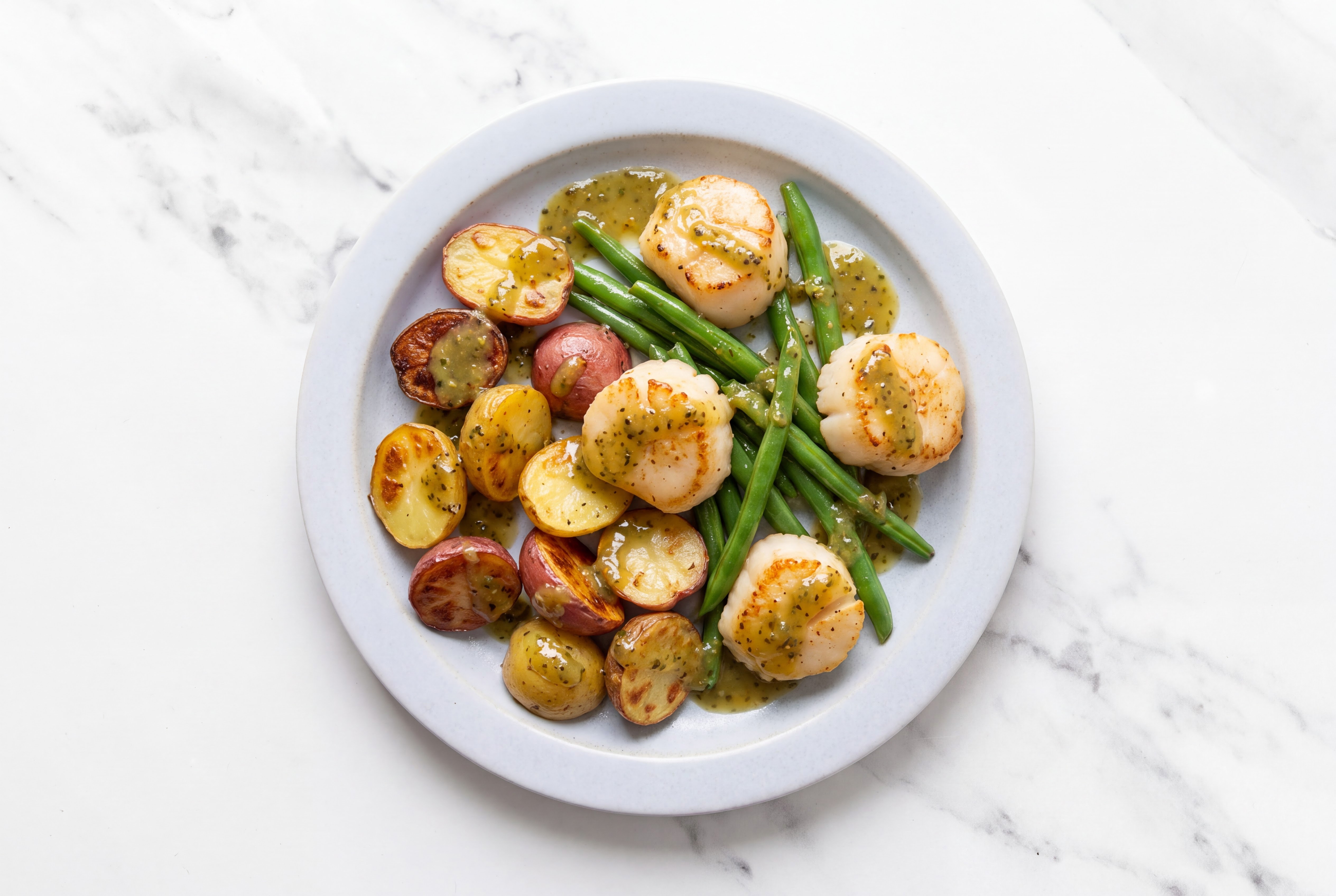 Green Chile Jumbo Scallops with Creamer Potatoes & Green Beans