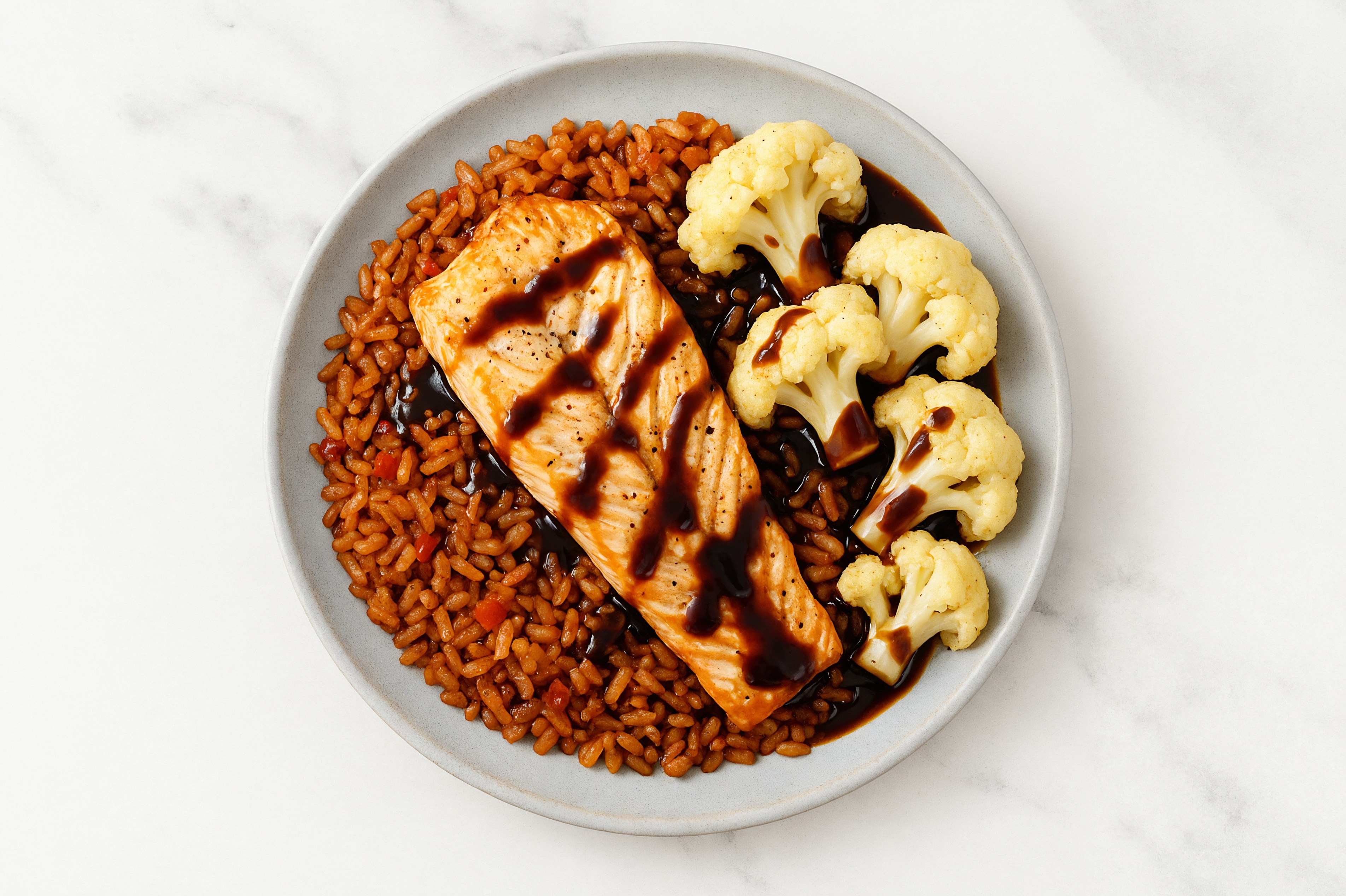 Sweet Teriyaki Trout + Brown Rice Bowl with Cauliflower Florets