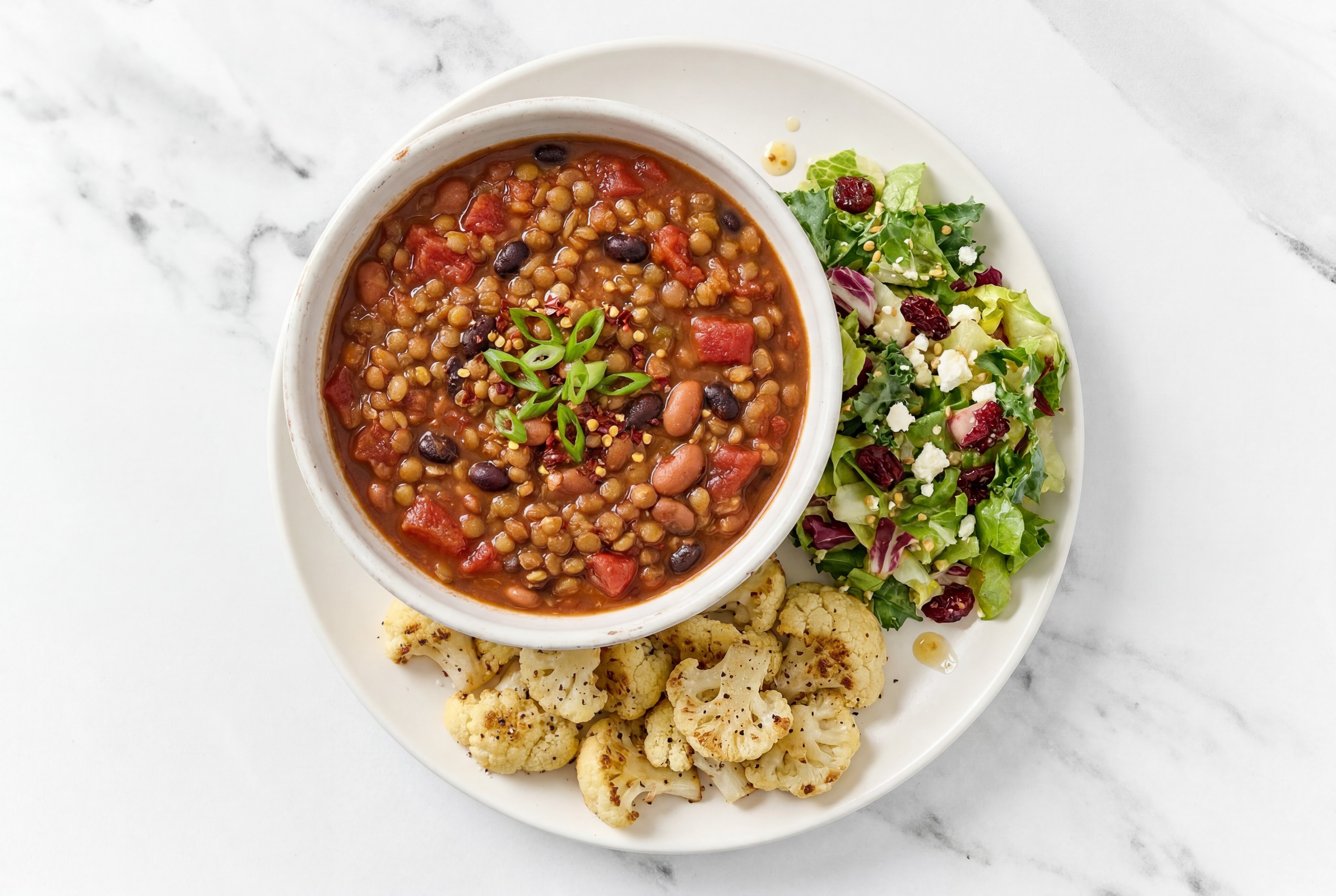 Homestyle Lentil Chili with Cauliflower Florets + Chopped Salad