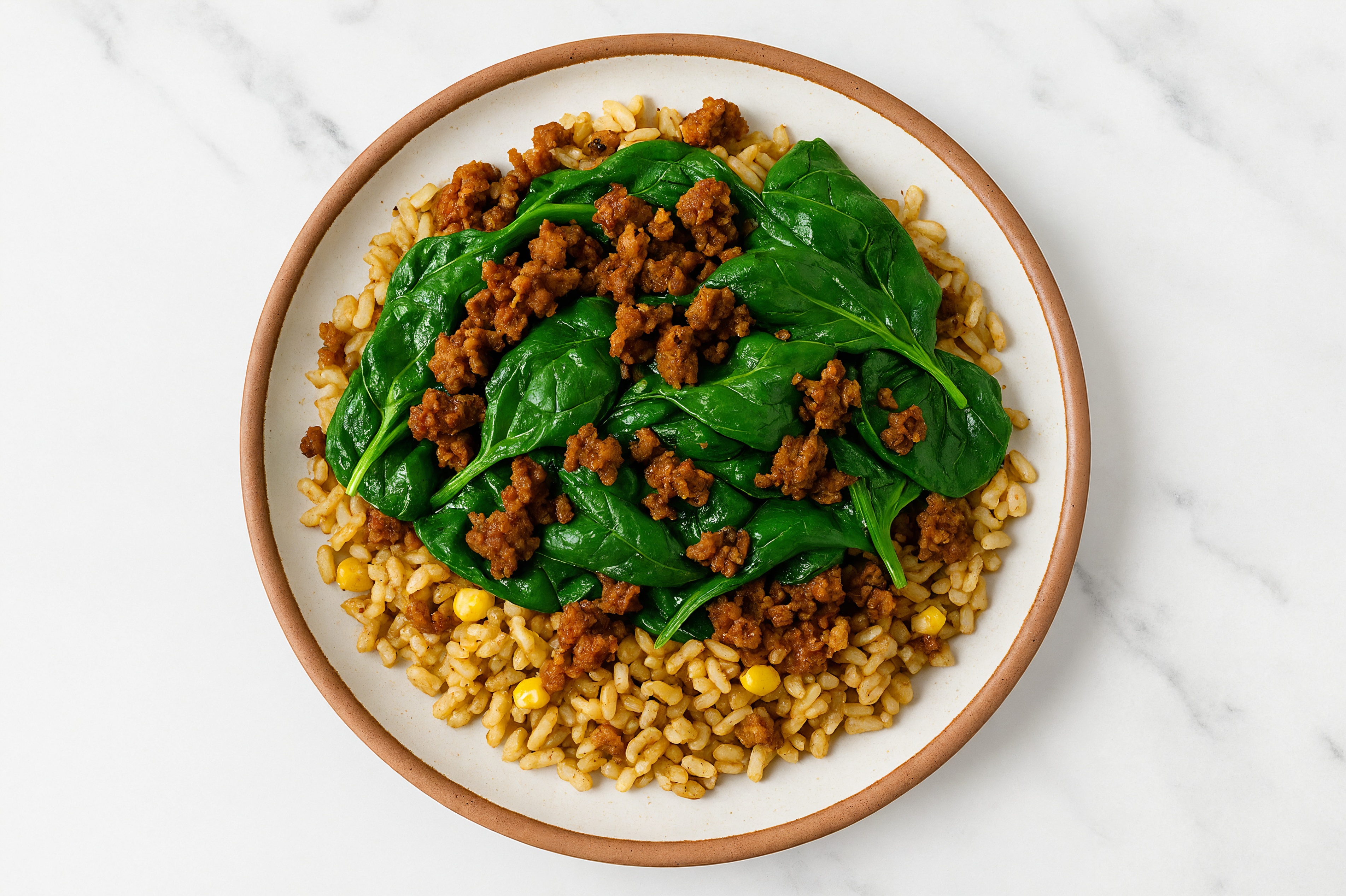 Herby Chorizo + Mexican Street Corn Rice Bowl with Baby Spinach