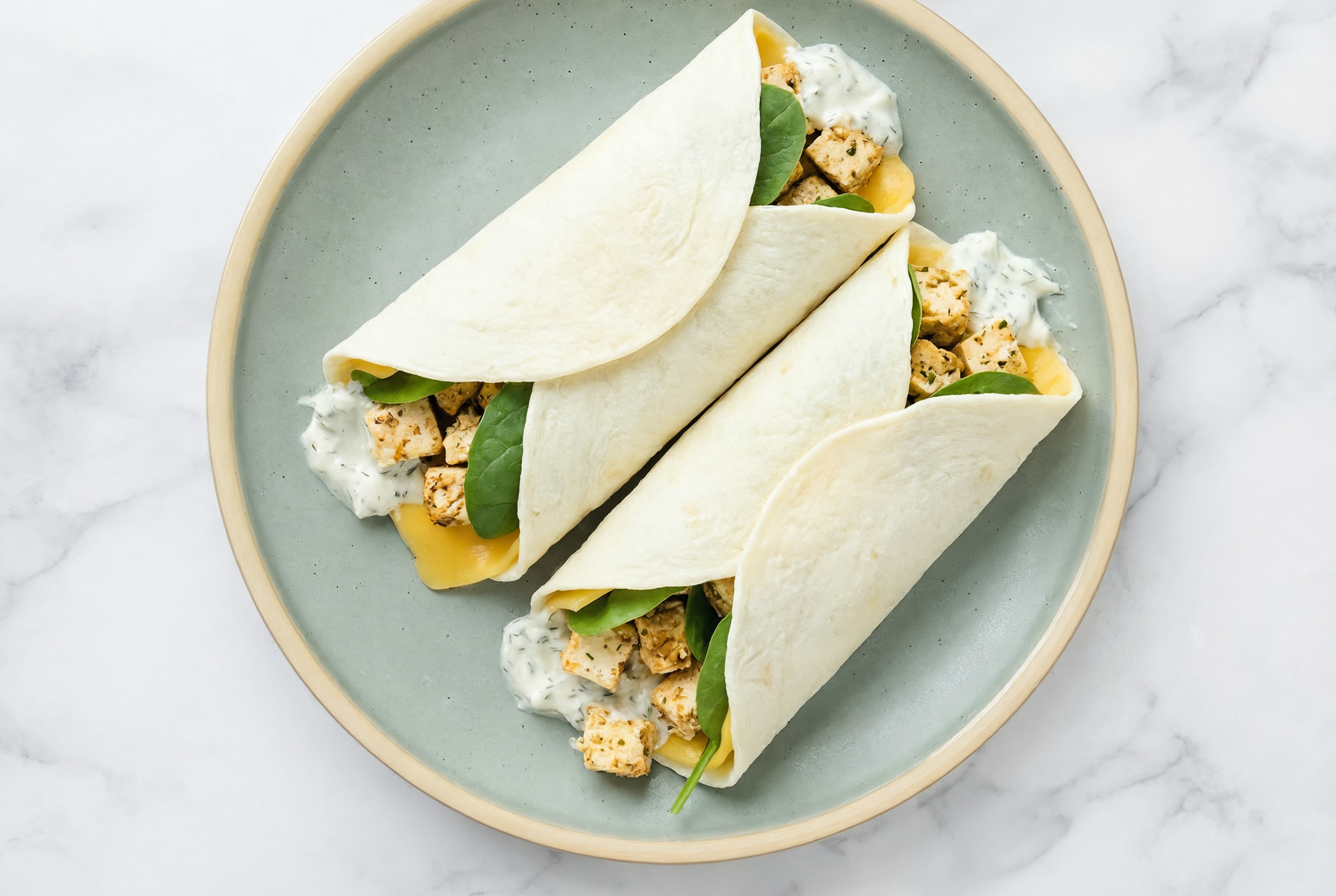 Creamy Spiced Tofu + Vegan Cheddar Wraps with Spinach