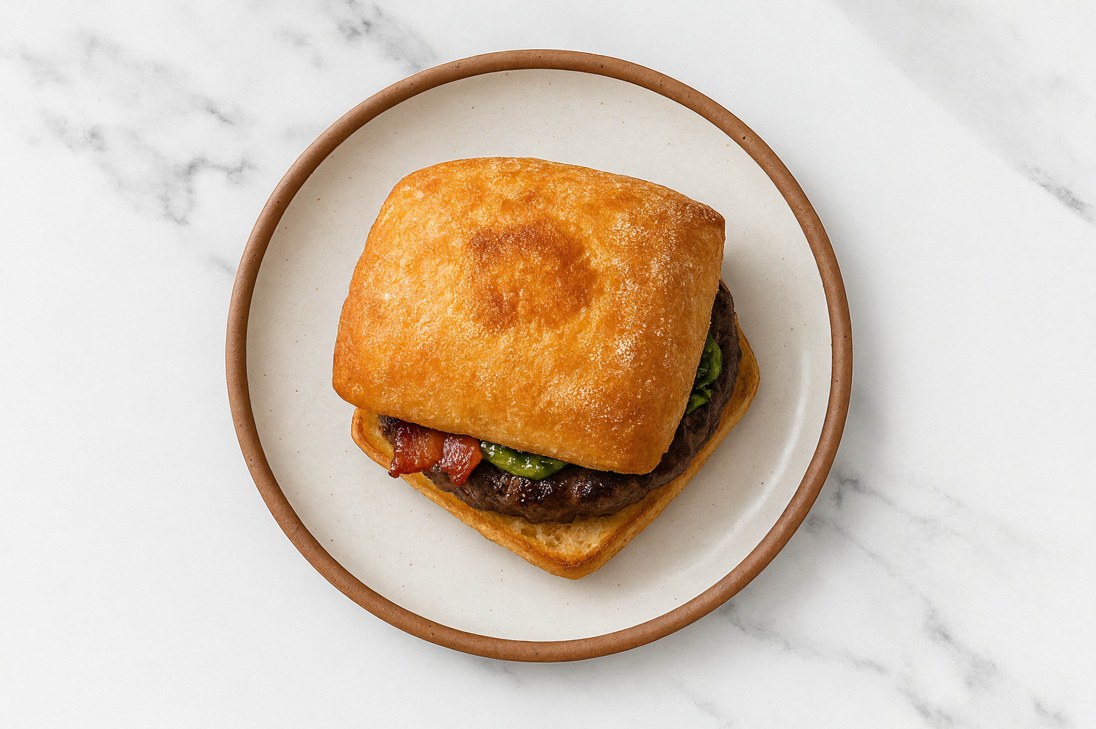 Bison Burger on Ciabatta with Pesto & Bacon