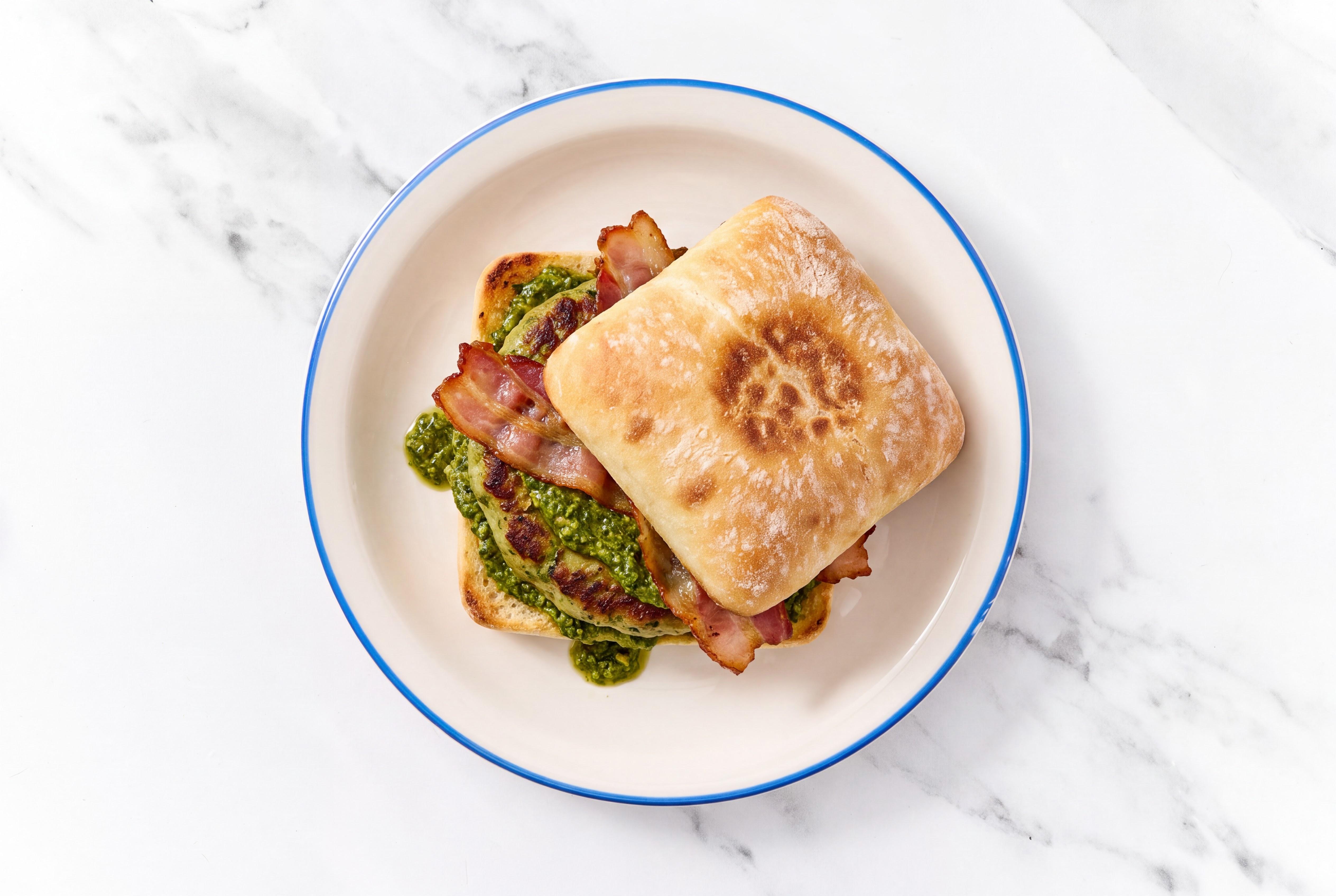 Garlic Turkey Burger on Ciabatta with Spinach Pesto & Smoked Bacon