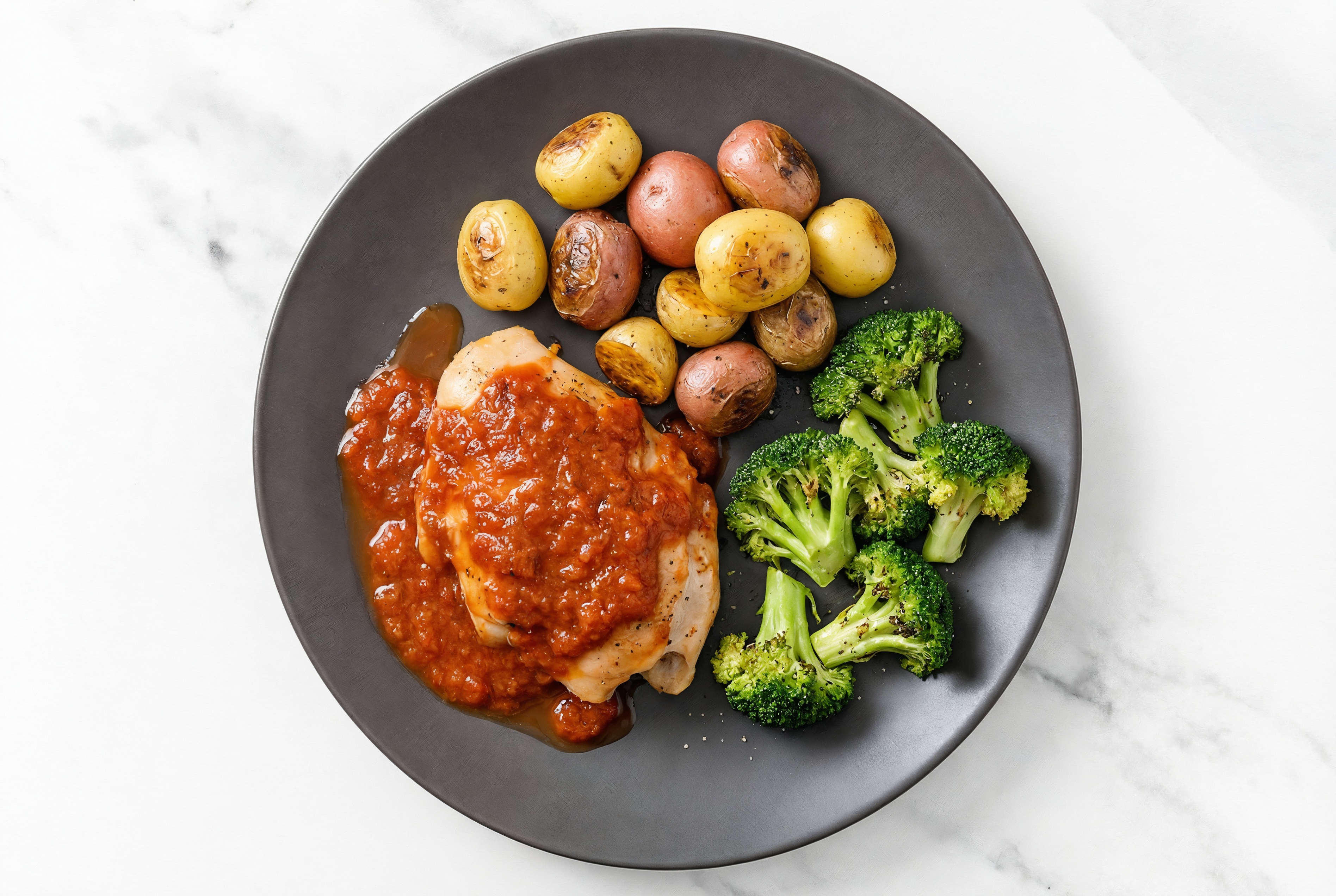  Marinara Chicken Thighs + Roasted Potatoes with Broccoli Florets