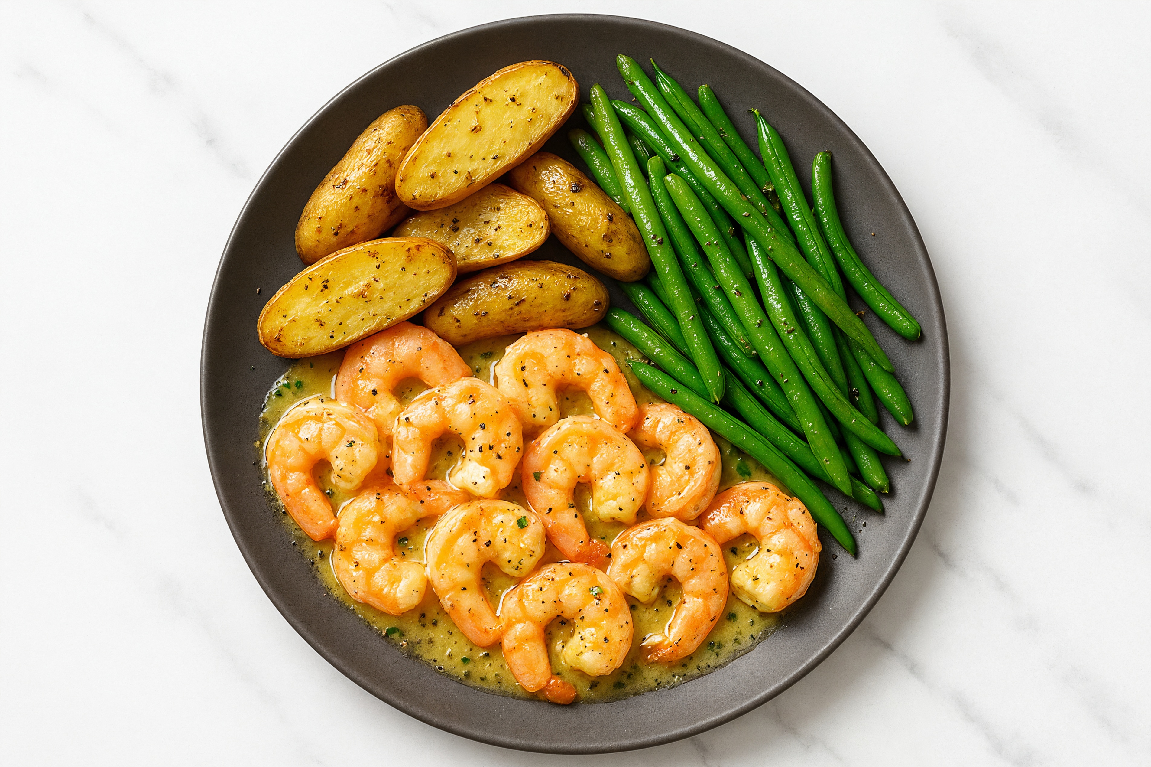 Lemon-Slow Churned & Peppercorn Pasture Butter Shrimp with Fingerling Potatoes & Green Beans