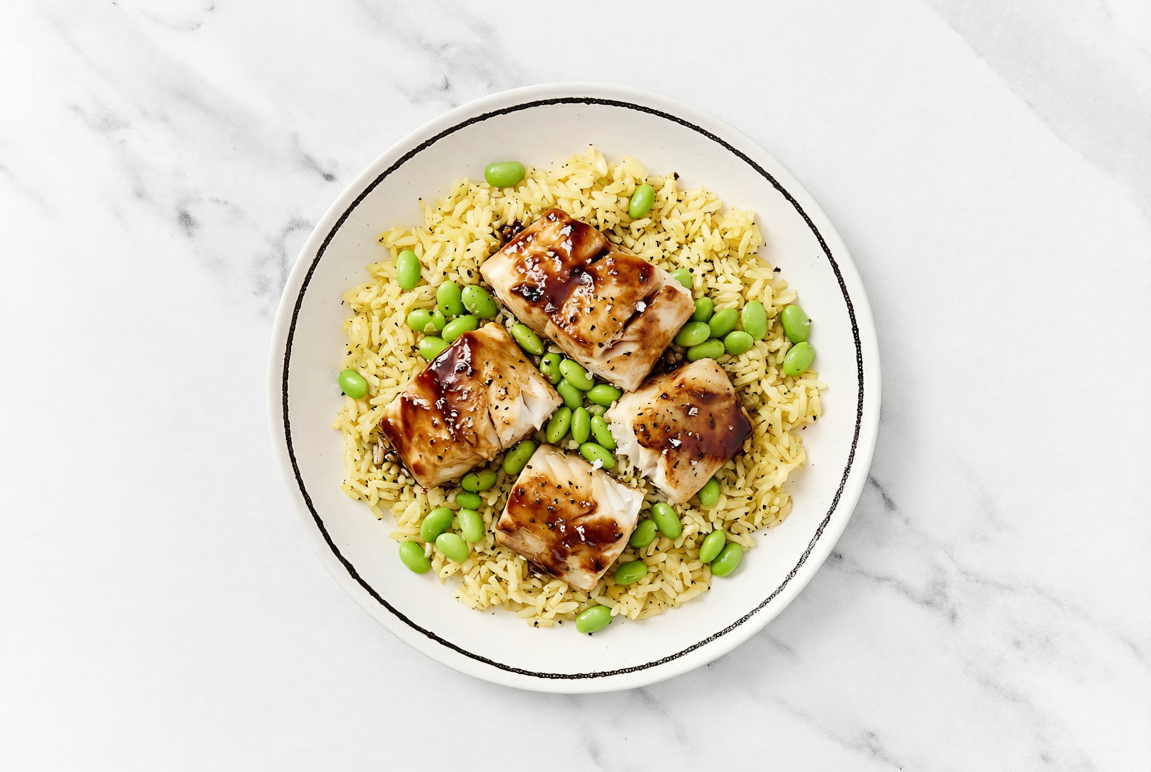 BBQ Glazed Halibut + Edamame Grain Bowl