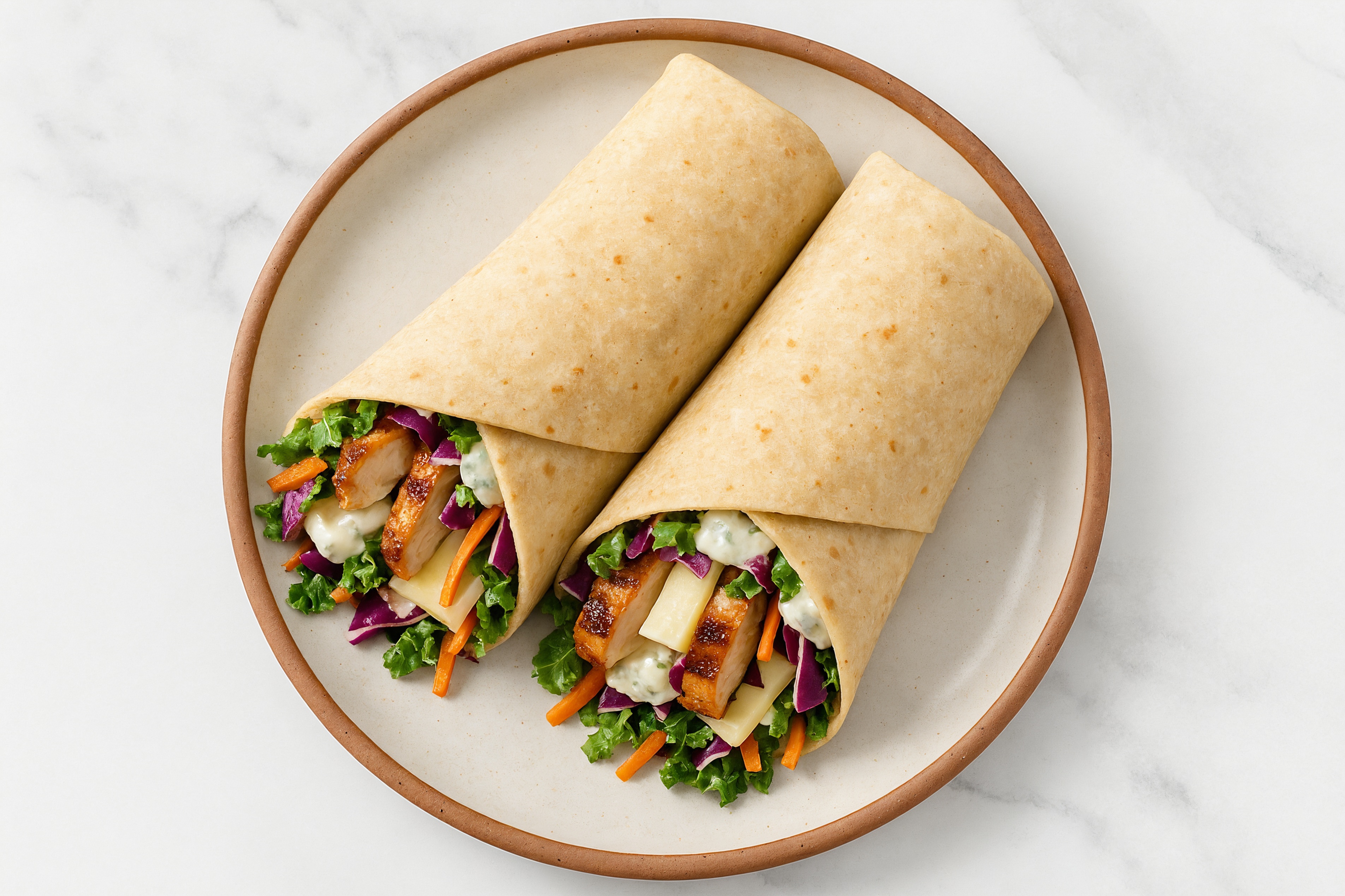 Tzatziki Blackened Chicken + Havarti Tortilla Wraps with Rainbow Veggies