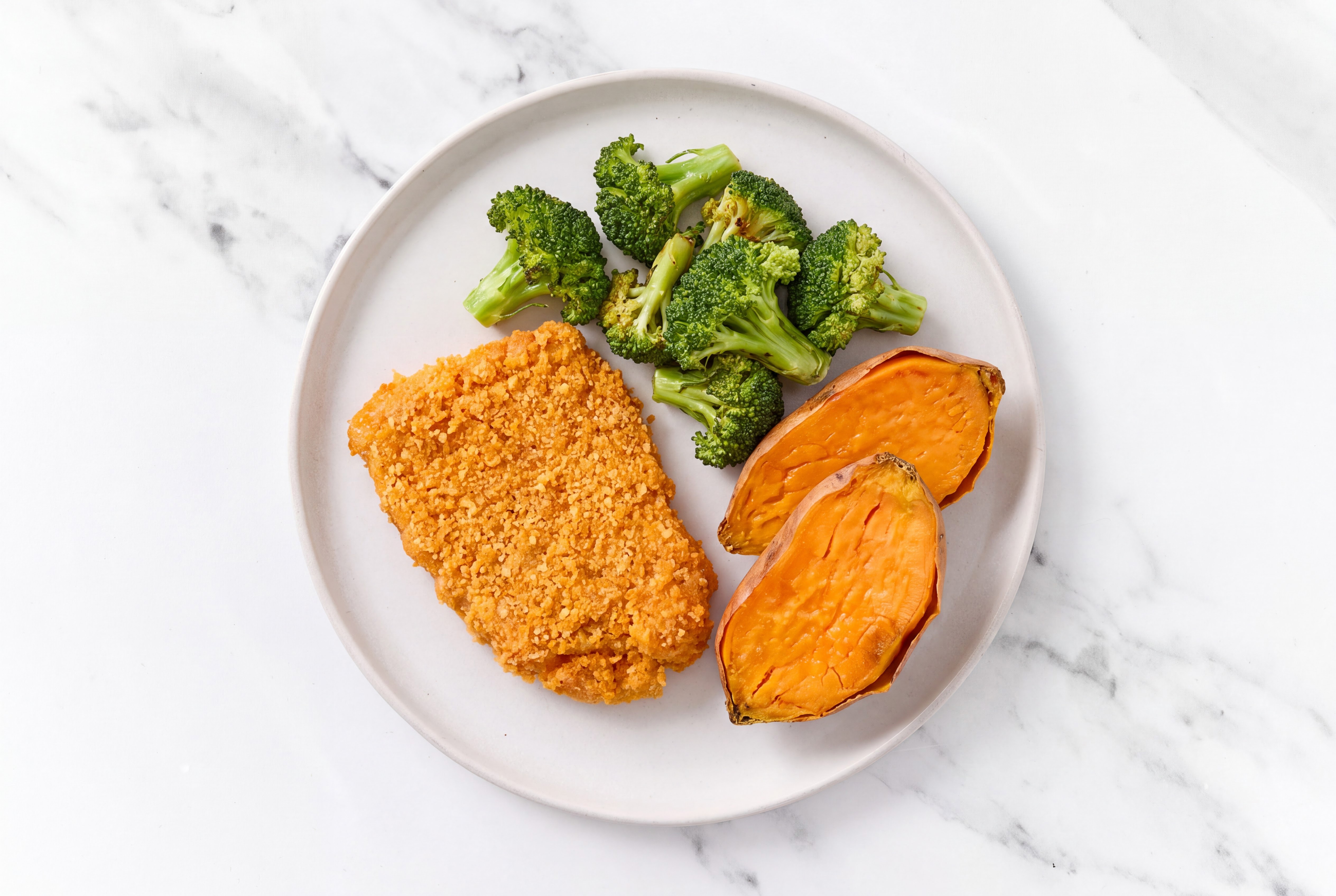 Hot Honey Breaded Chicken Cutlet with Broccoli & Sweet Potato