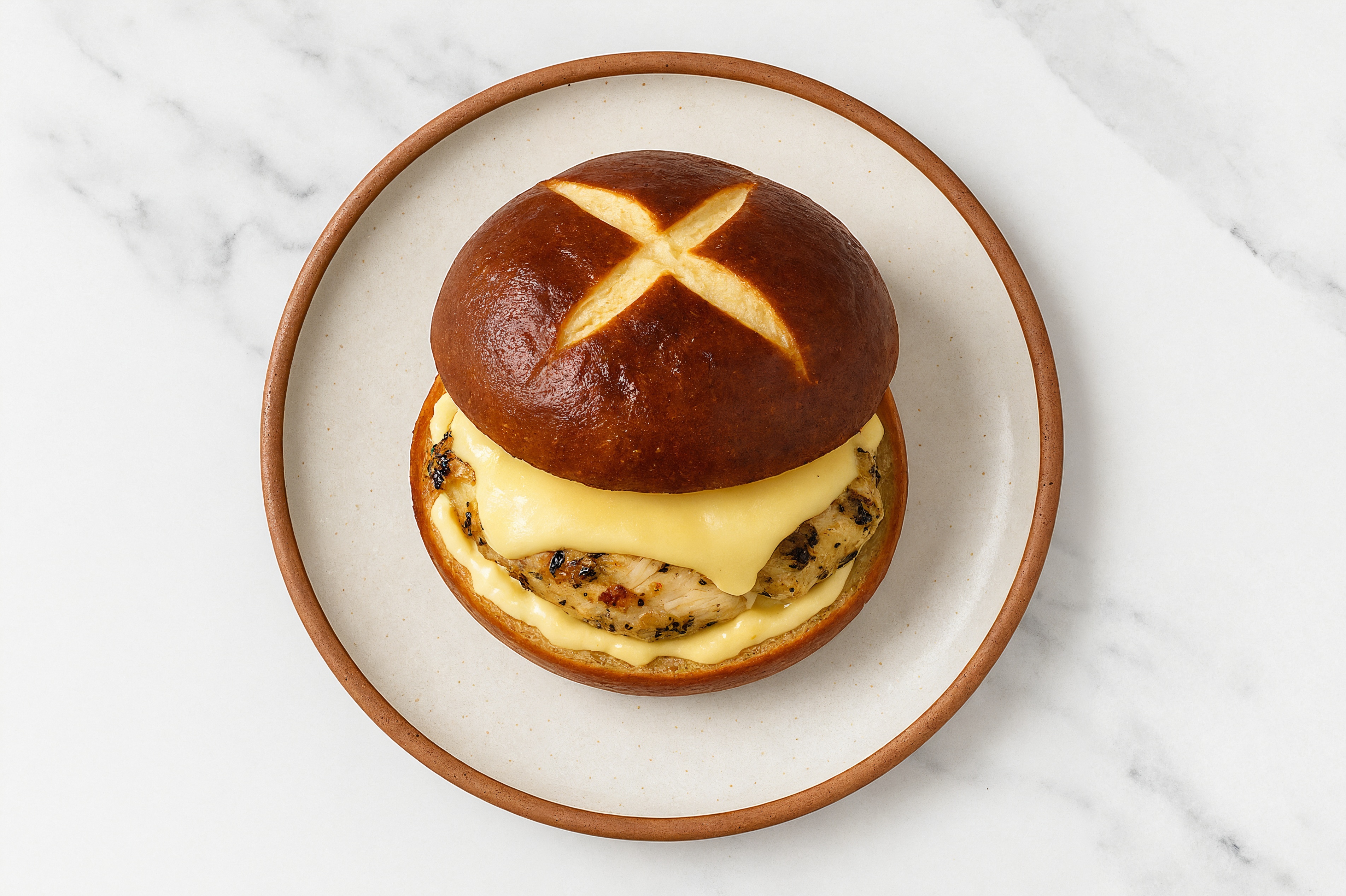 Creamy Horseradish Mediterranean Grilled Chicken Breast Pretzel Sandwich