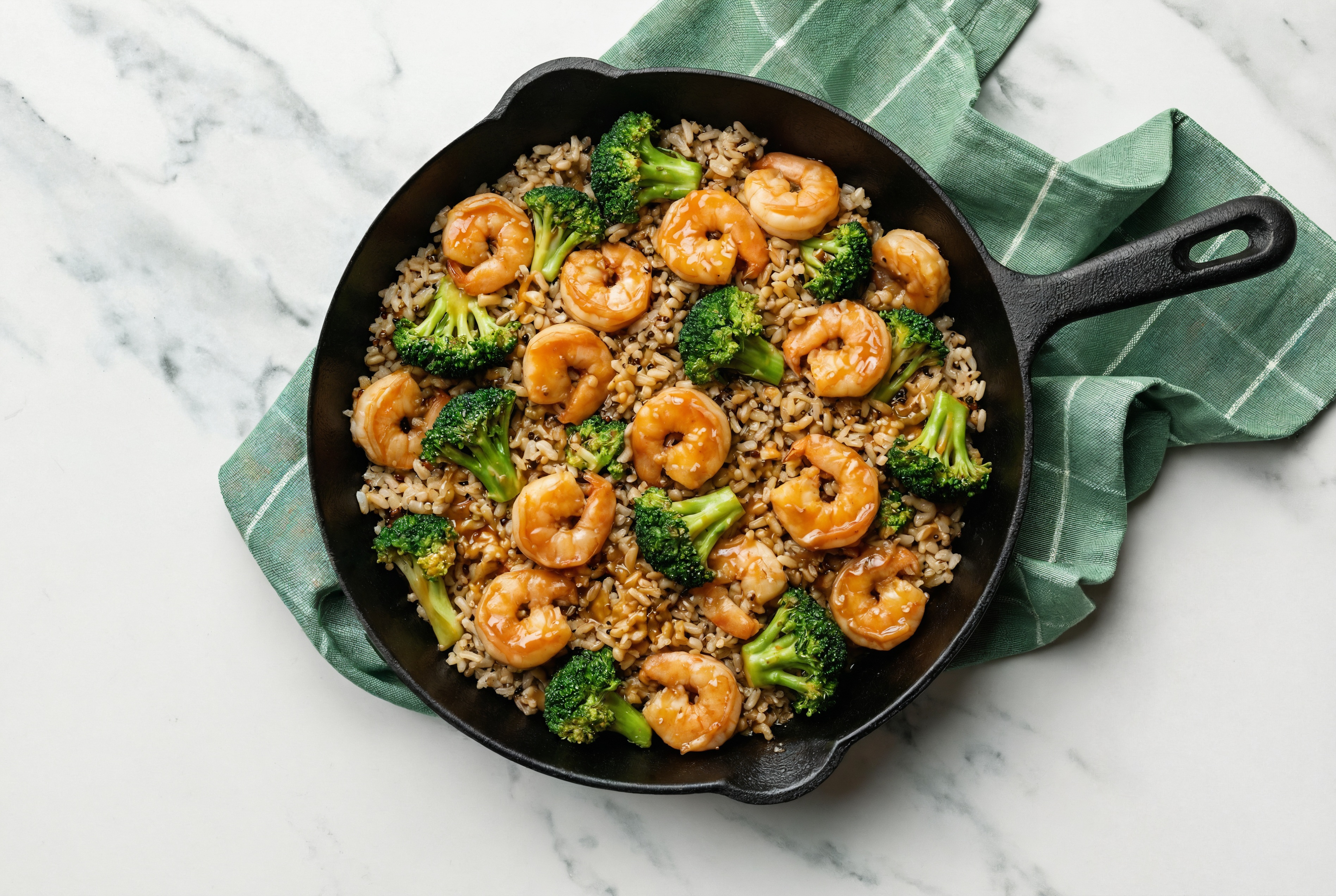Takeout-Style Medium Cooked Shrimp + Broccoli Bunches over Brown Rice