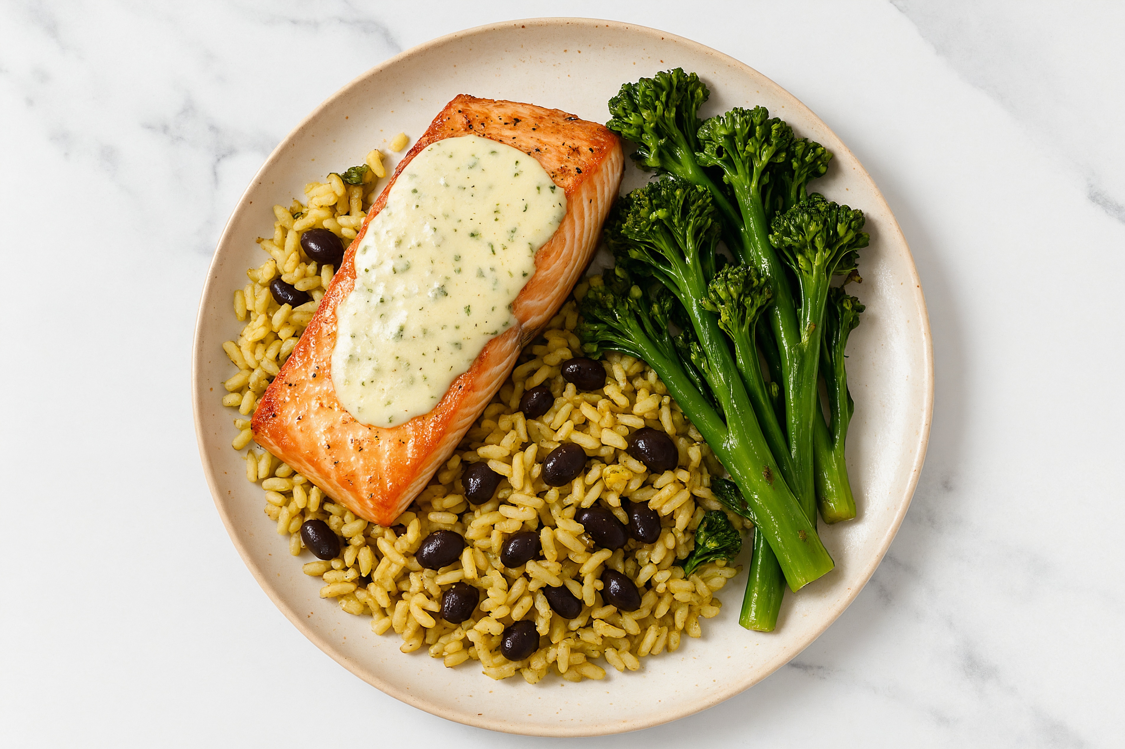 Creamy Herb Cream Salmon + Baby Broccoli with Seasoned White Rice + Black Beans
