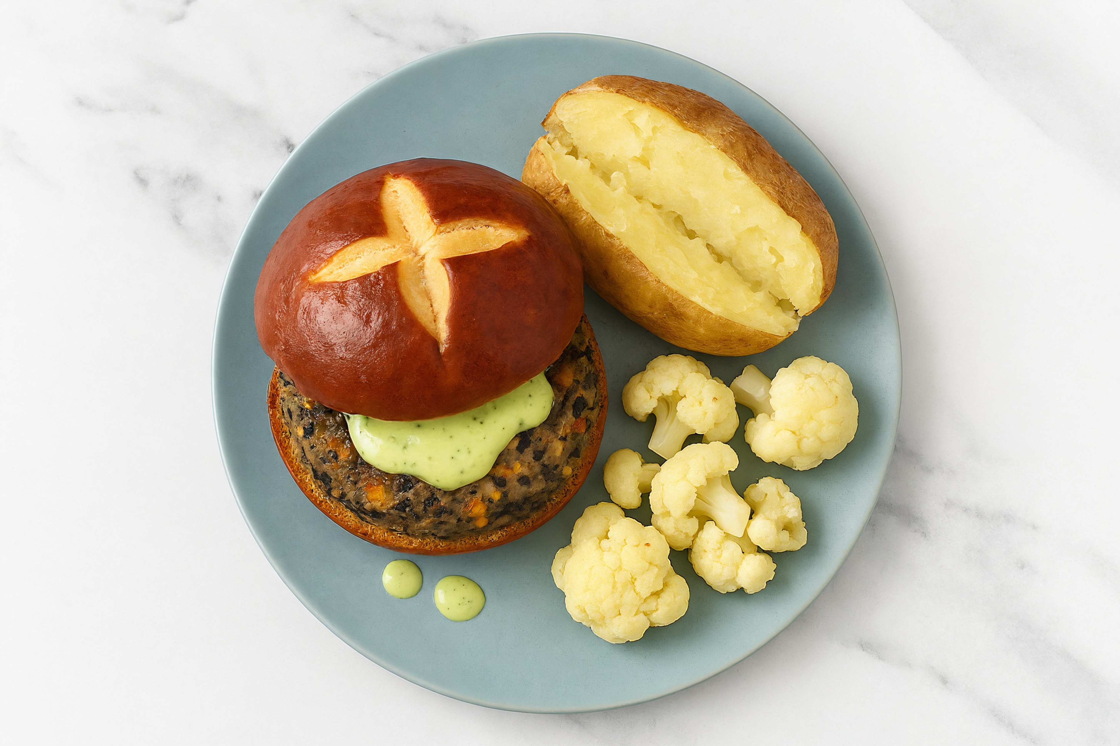 Jalapeño Black Bean Burger on Pretzel Bun with Cauliflower