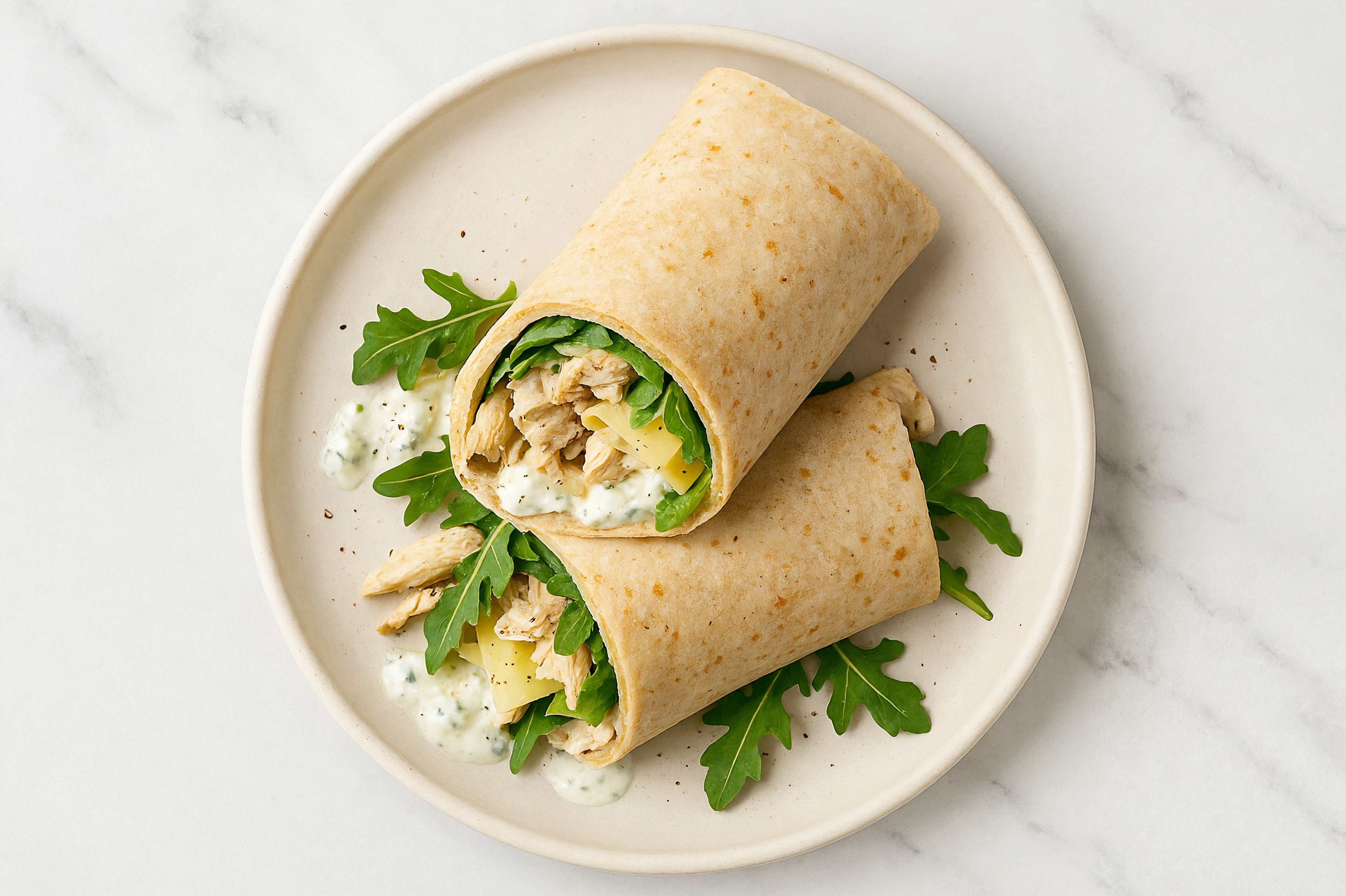 Creamy Pulled Chicken + Swiss Tortilla Wraps with Arugula
