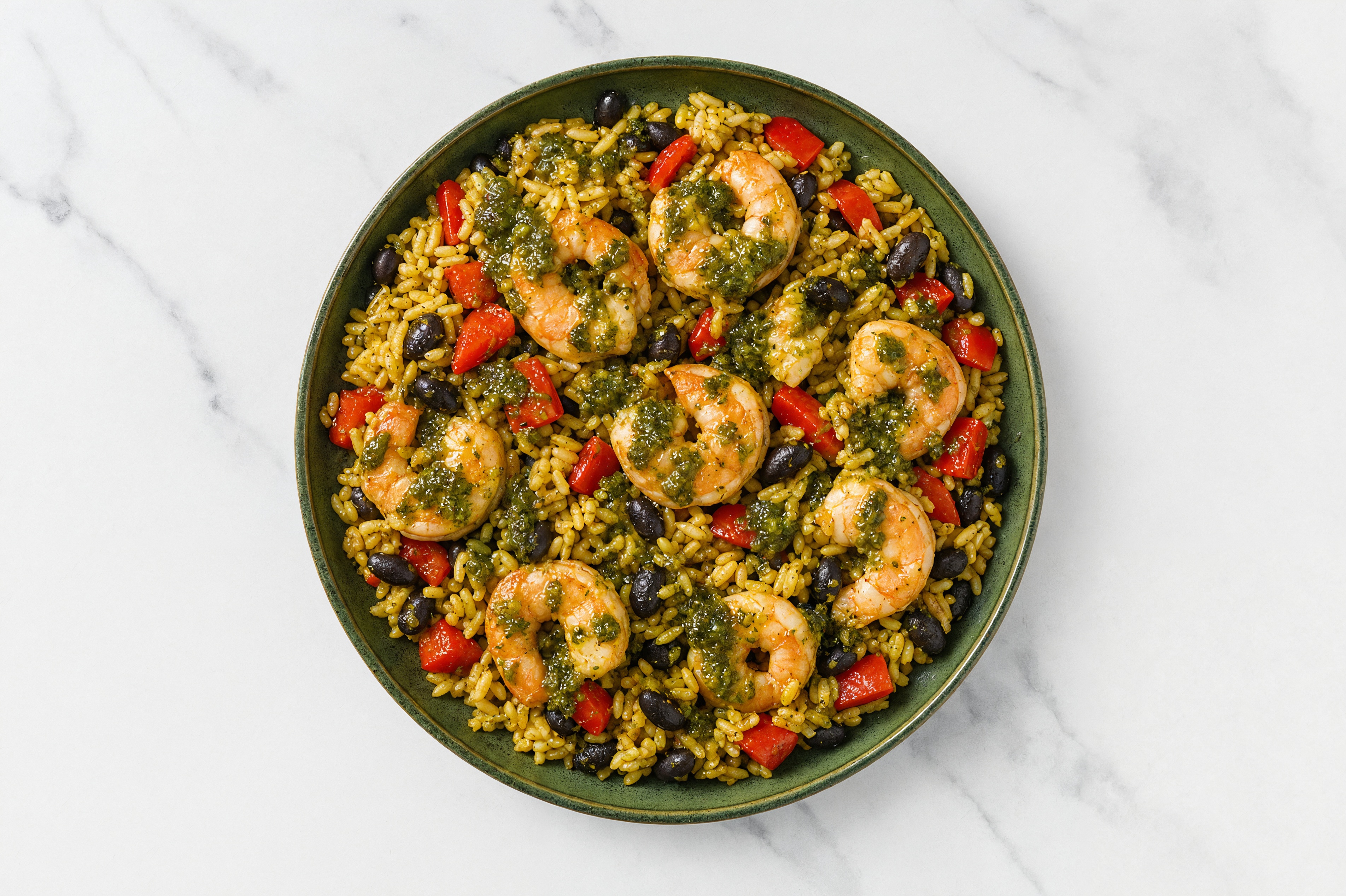 Herby Shrimp Fajita Rice with Beans Bowl with Red Bell Pepper