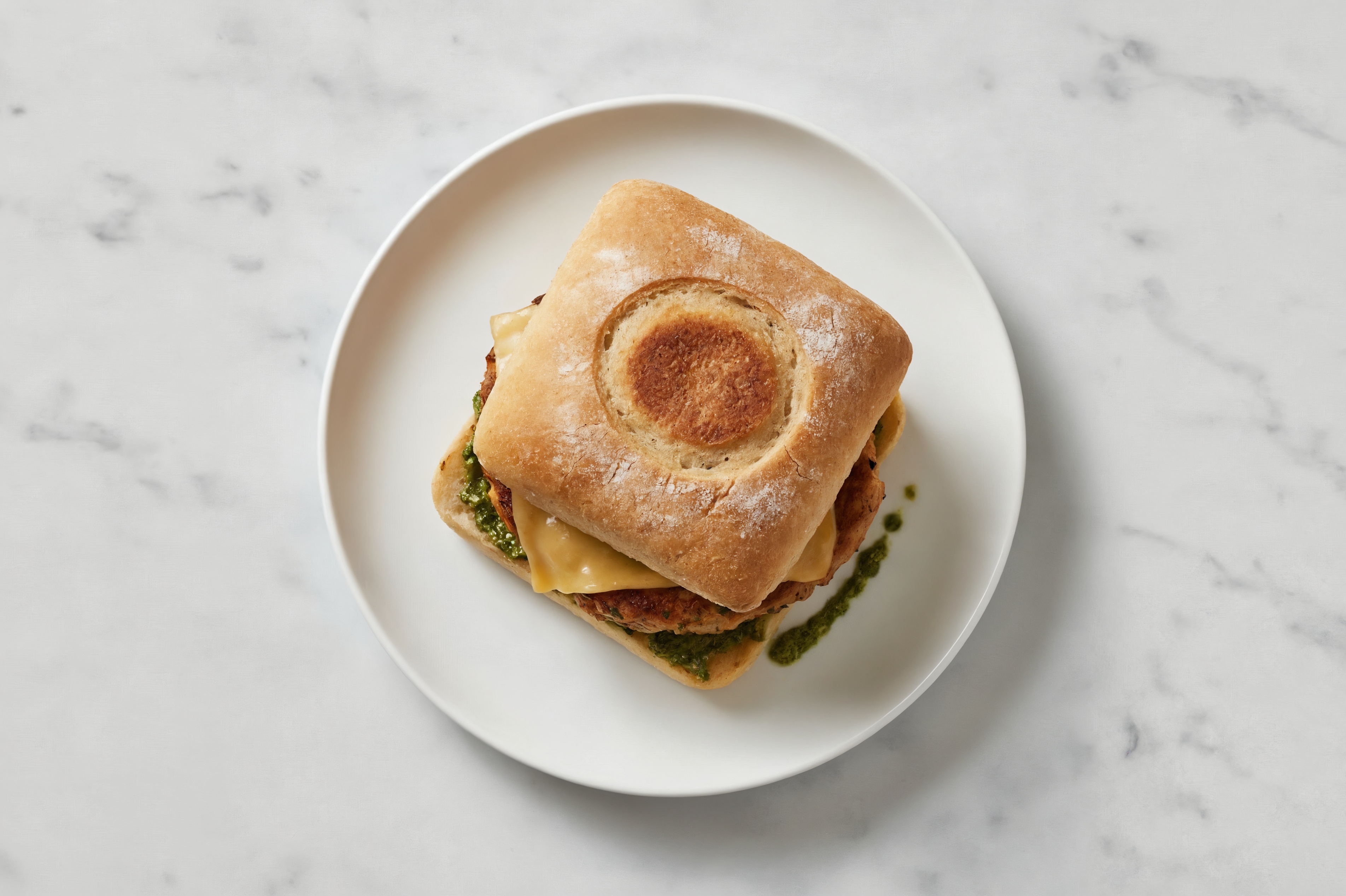 Garlic Chicken Burger on Ciabatta with Spinach Pesto & Gouda