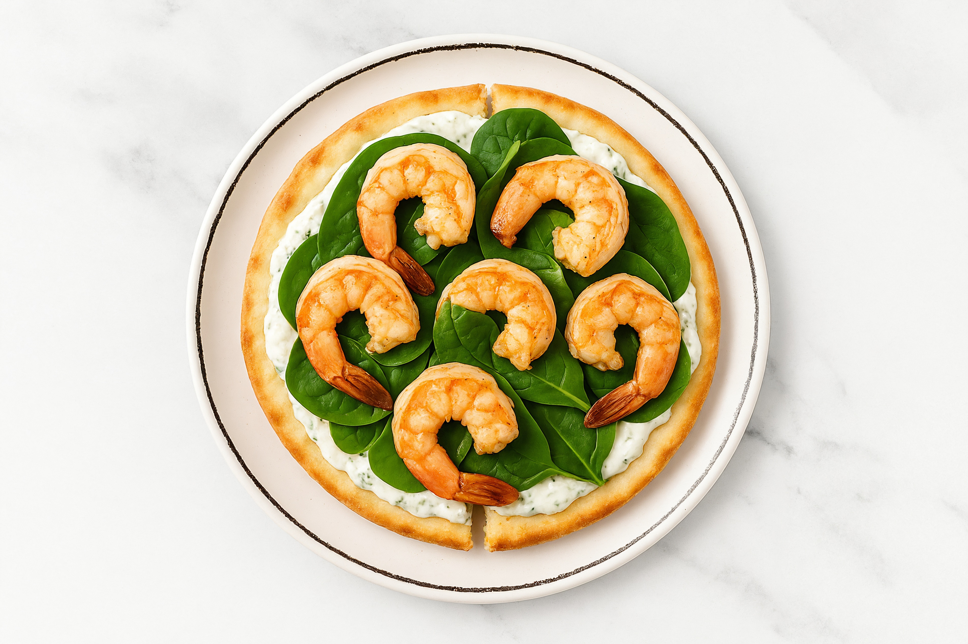 Garden Mediterranean Inspired Jumbo Shrimp Flatbread with Feta Cucumber Tzatziki Dip
