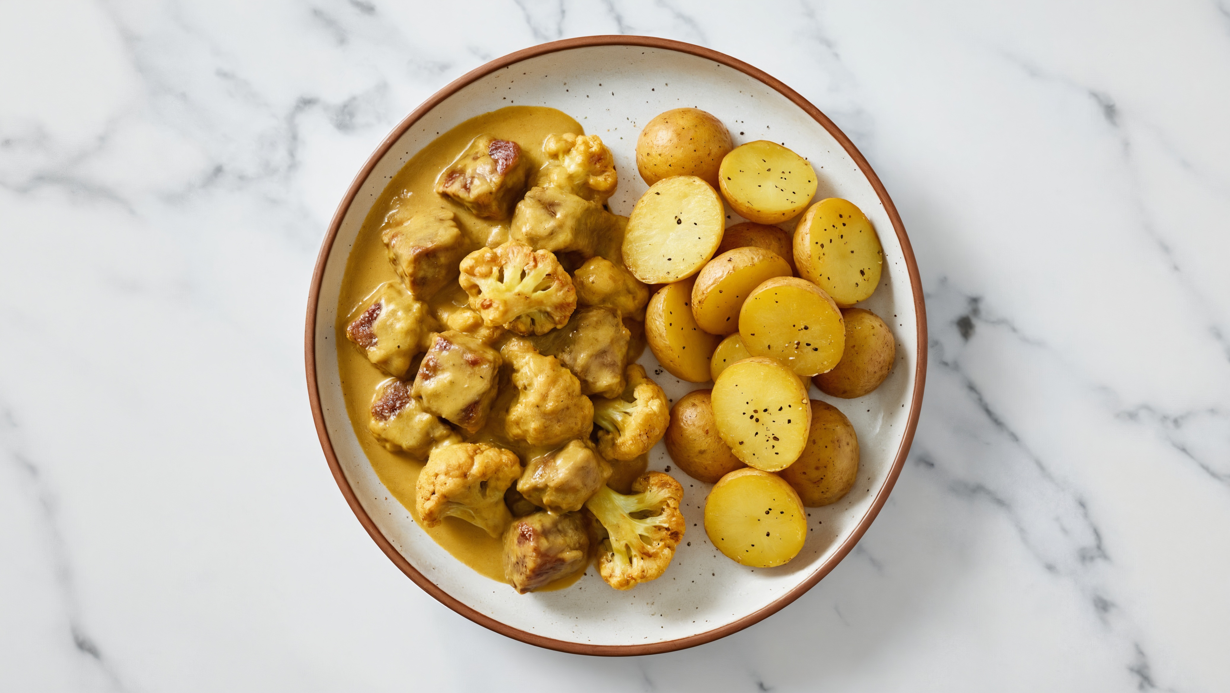 Curry Seared Lamb with Organic Potatoes & Cauliflower Florets