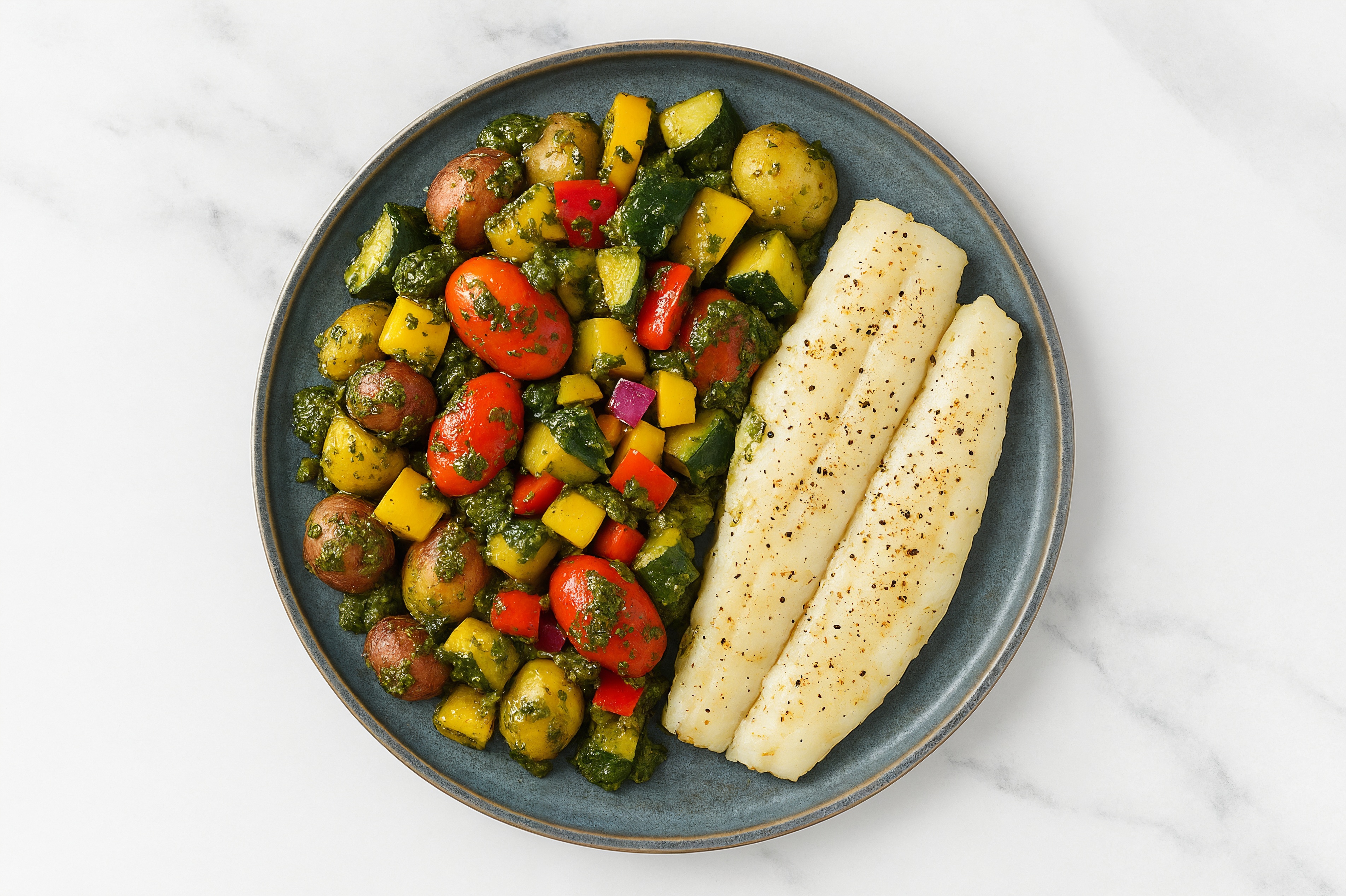 Sheet Pan Pesto-Cod with Potatoes & Squash