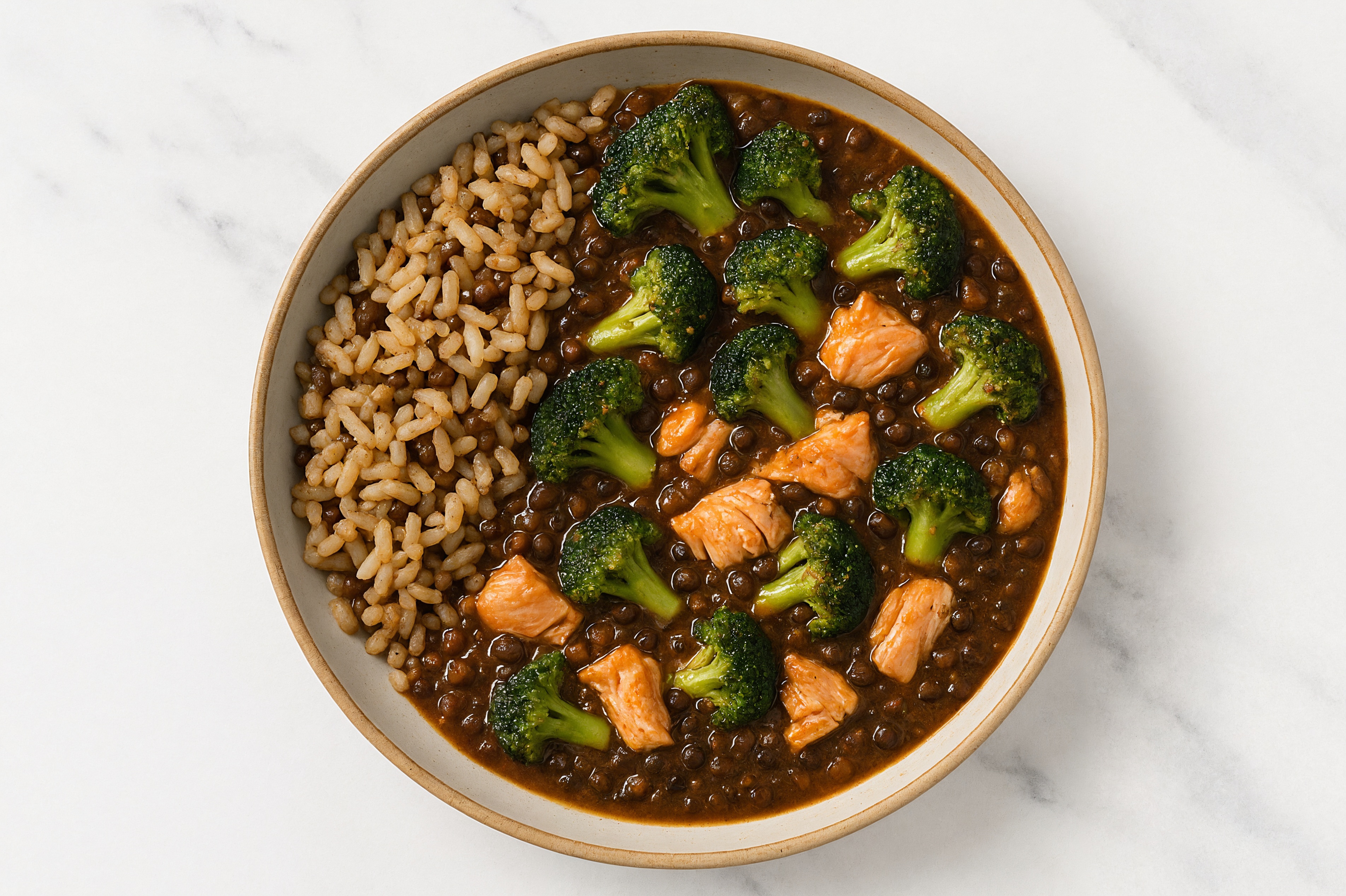 Salmon & Lentil Stew with Broccoli & Quinoa Rice
