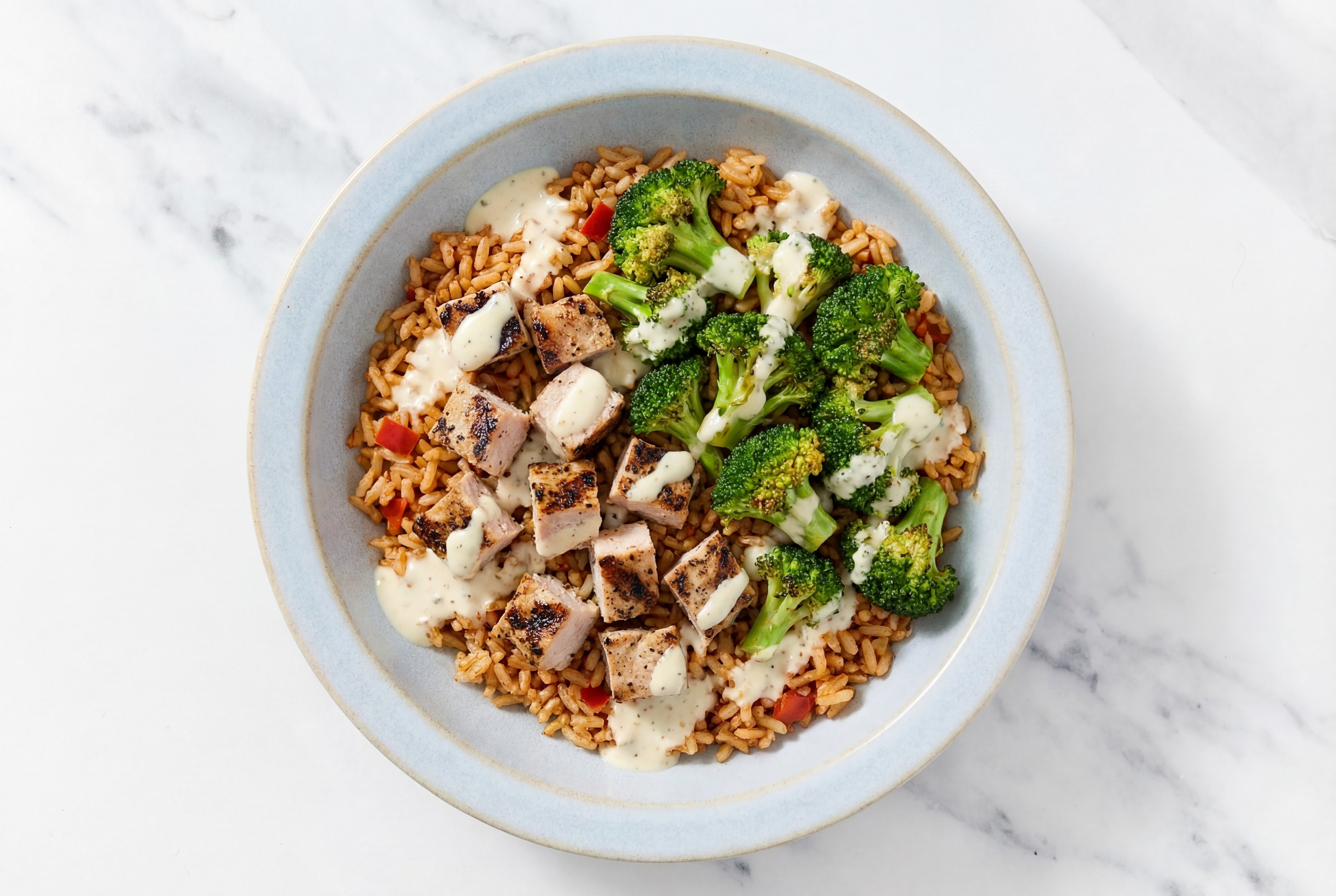 Savory Creamy Pork Chop Brown Rice Bowl with Buttermilk Ranch Dressing