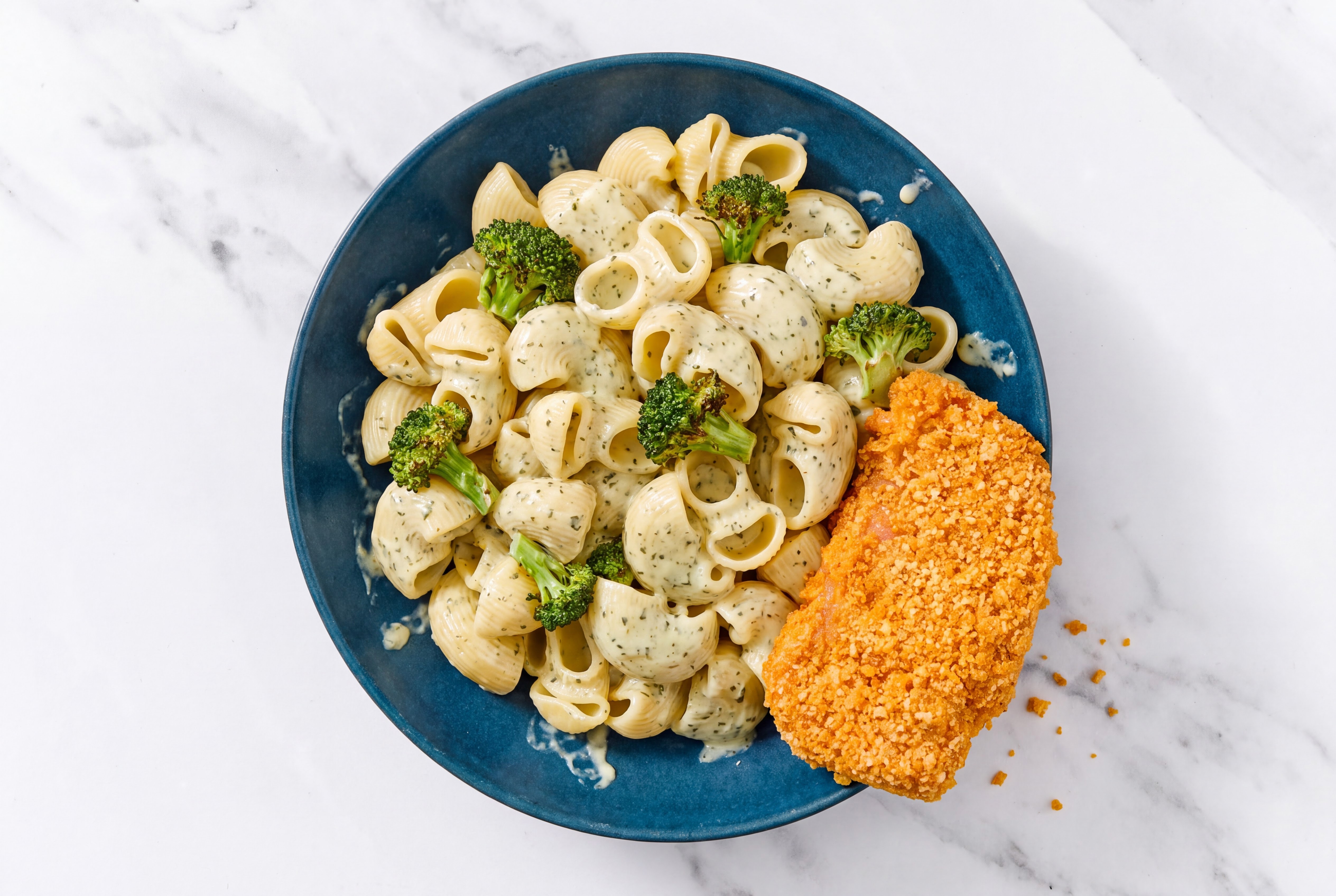 Crispy Hot Honey Chicken over Creamy Chiocciole Pasta with Broccoli