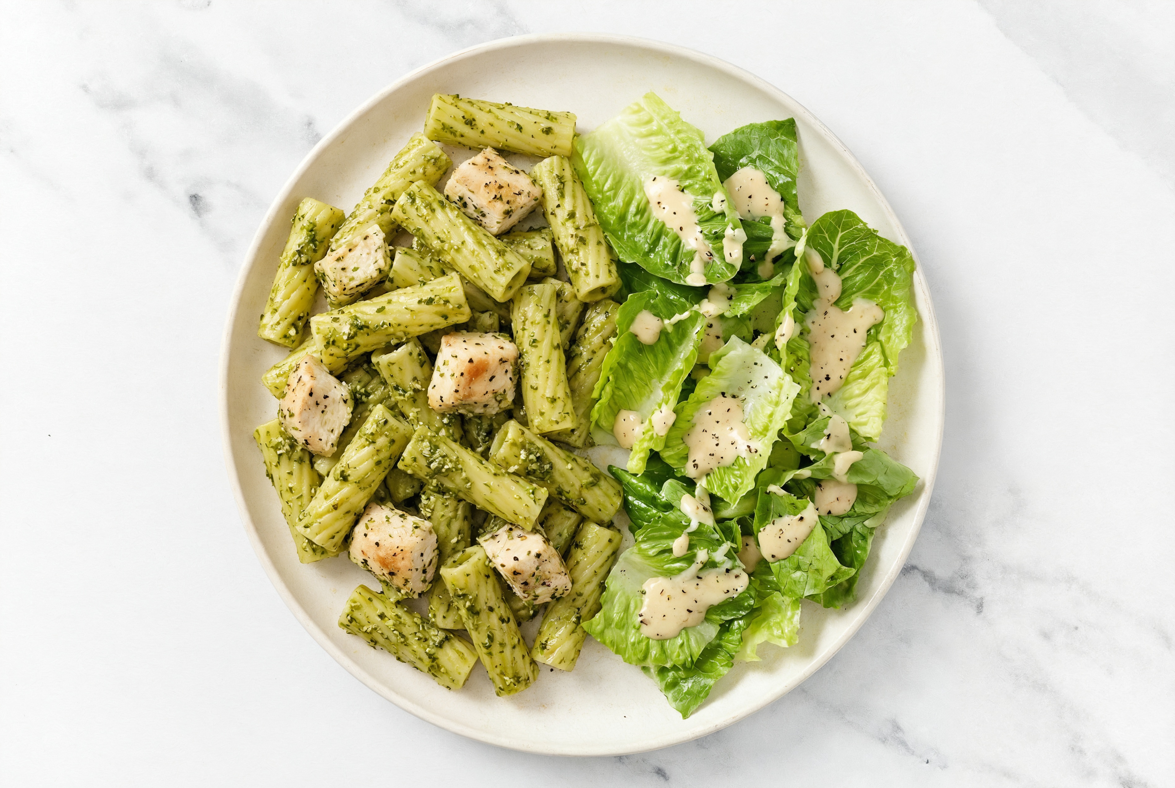 Basil Pesto Chicken Rigatoni Pasta + Side Salad