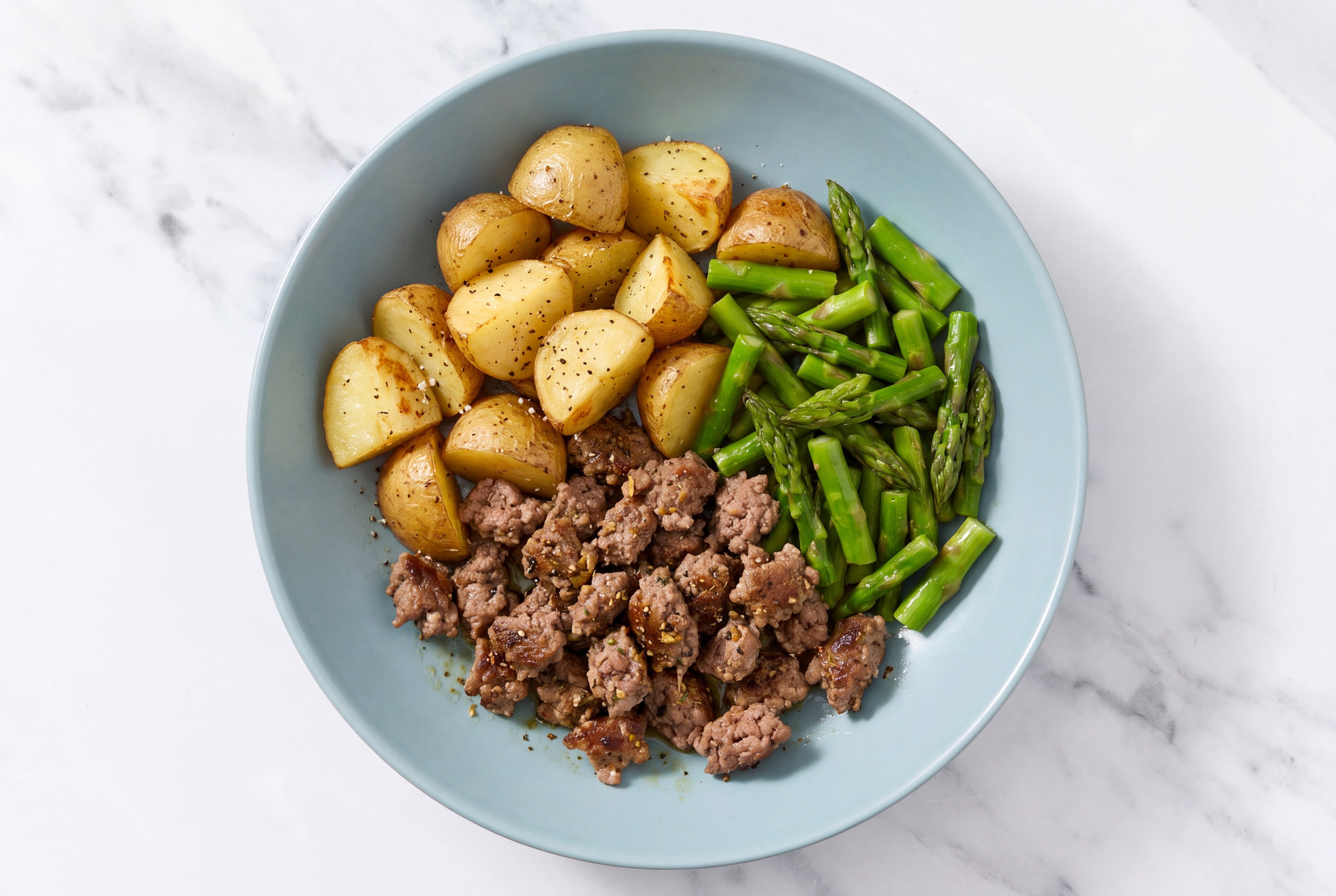 Honey Herb-Seasoned Ground Beef Bowl with Fresh Asparagus + Yellow Potatoes