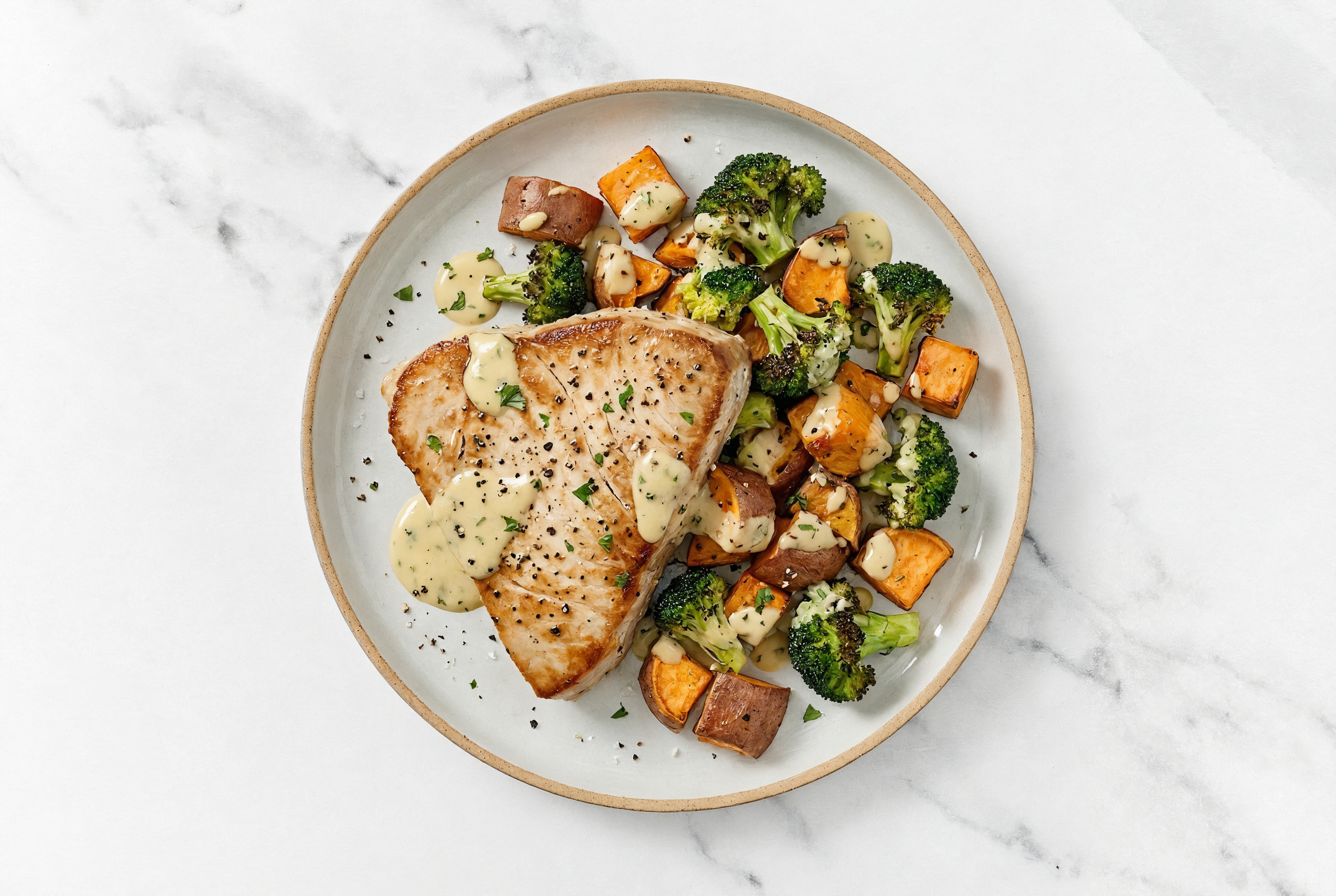 Sheet Pan Tahini-Tuna with Sweet Potatoes & Broccoli