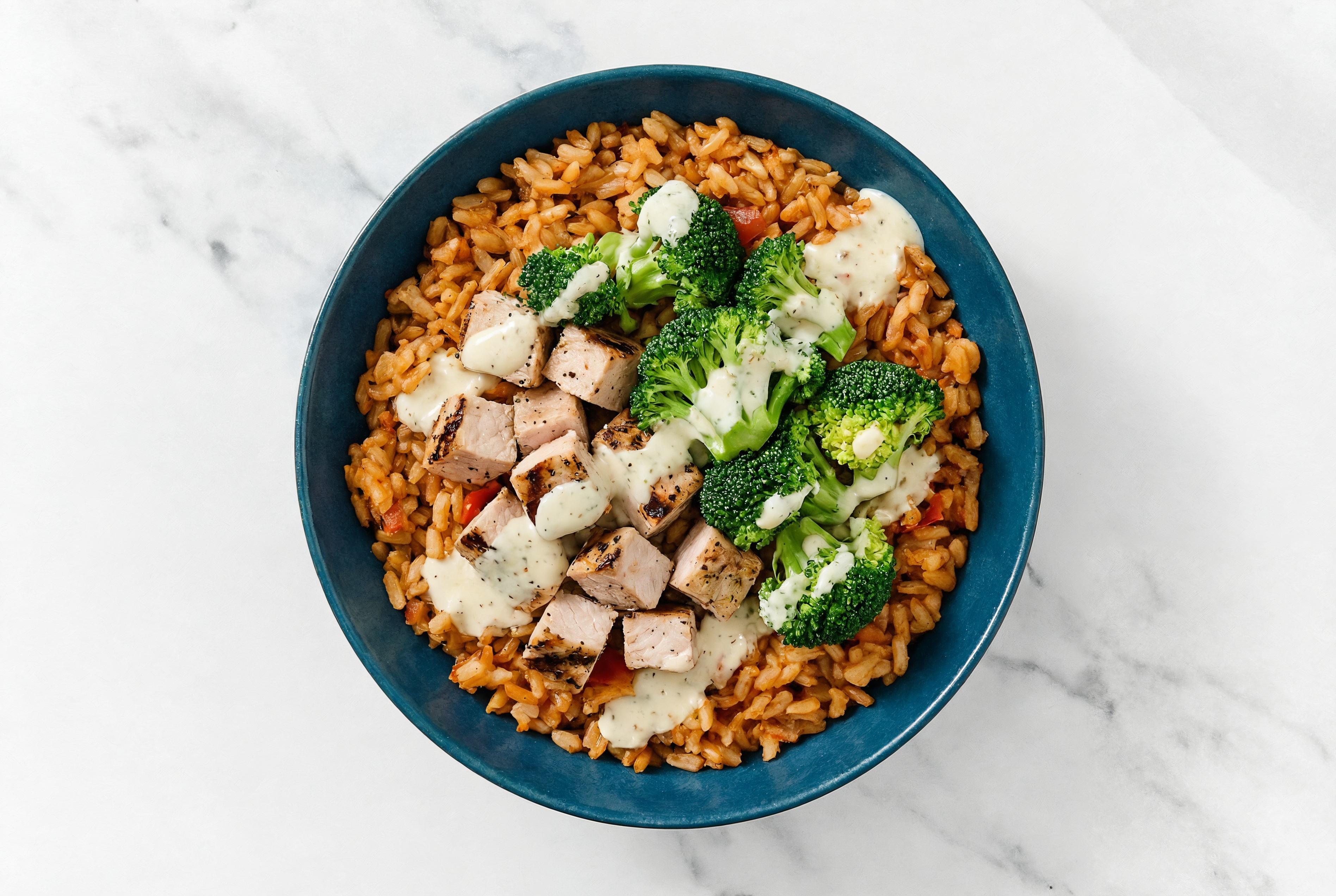 Herby Creamy Pork Chop Brown Rice Bowl with Buttermilk Ranch Dressing