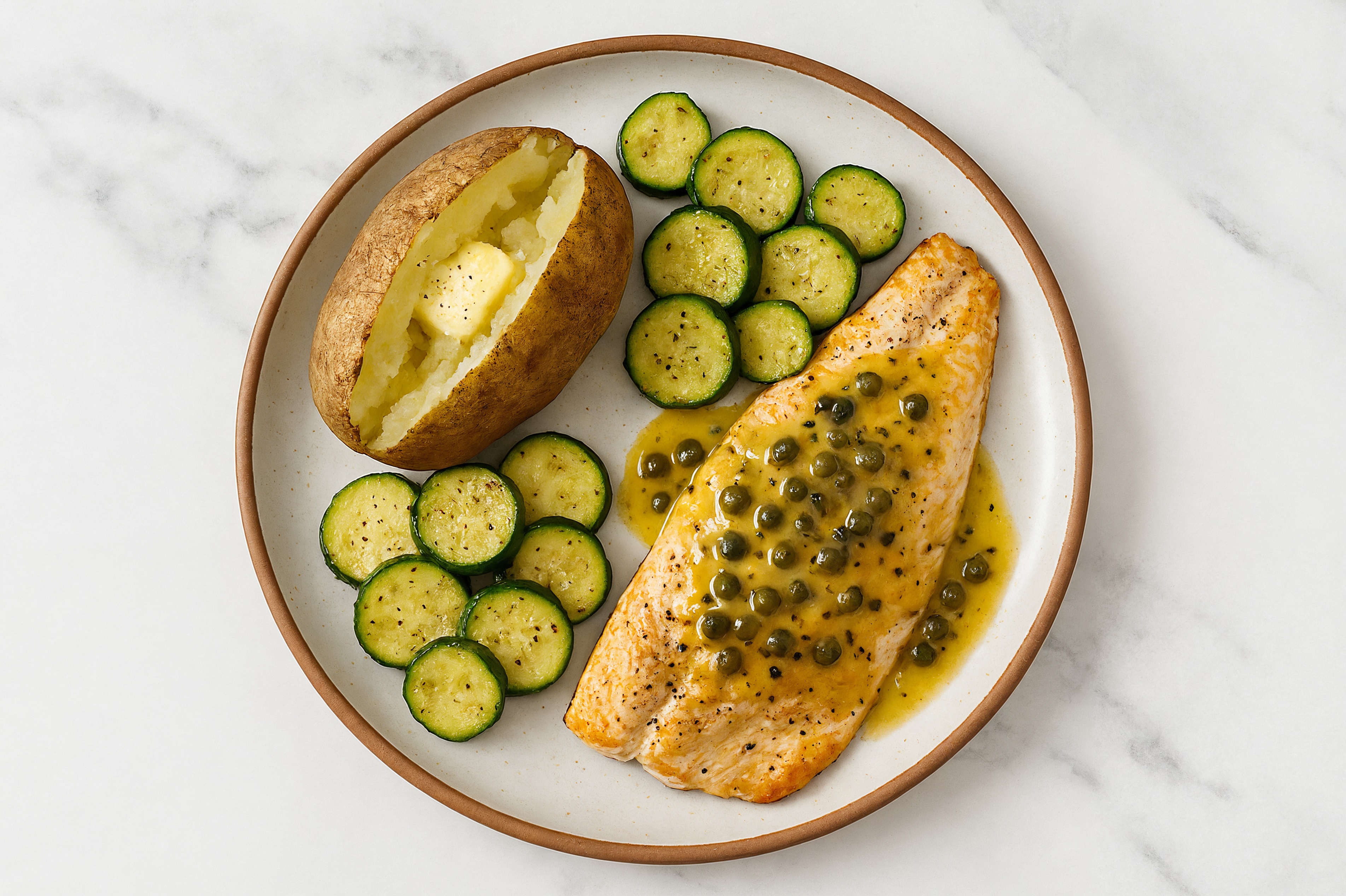 Caper-Slow Churned Lemon & Peppercorn Pasture Butter Trout with Russet Potato & Zucchini