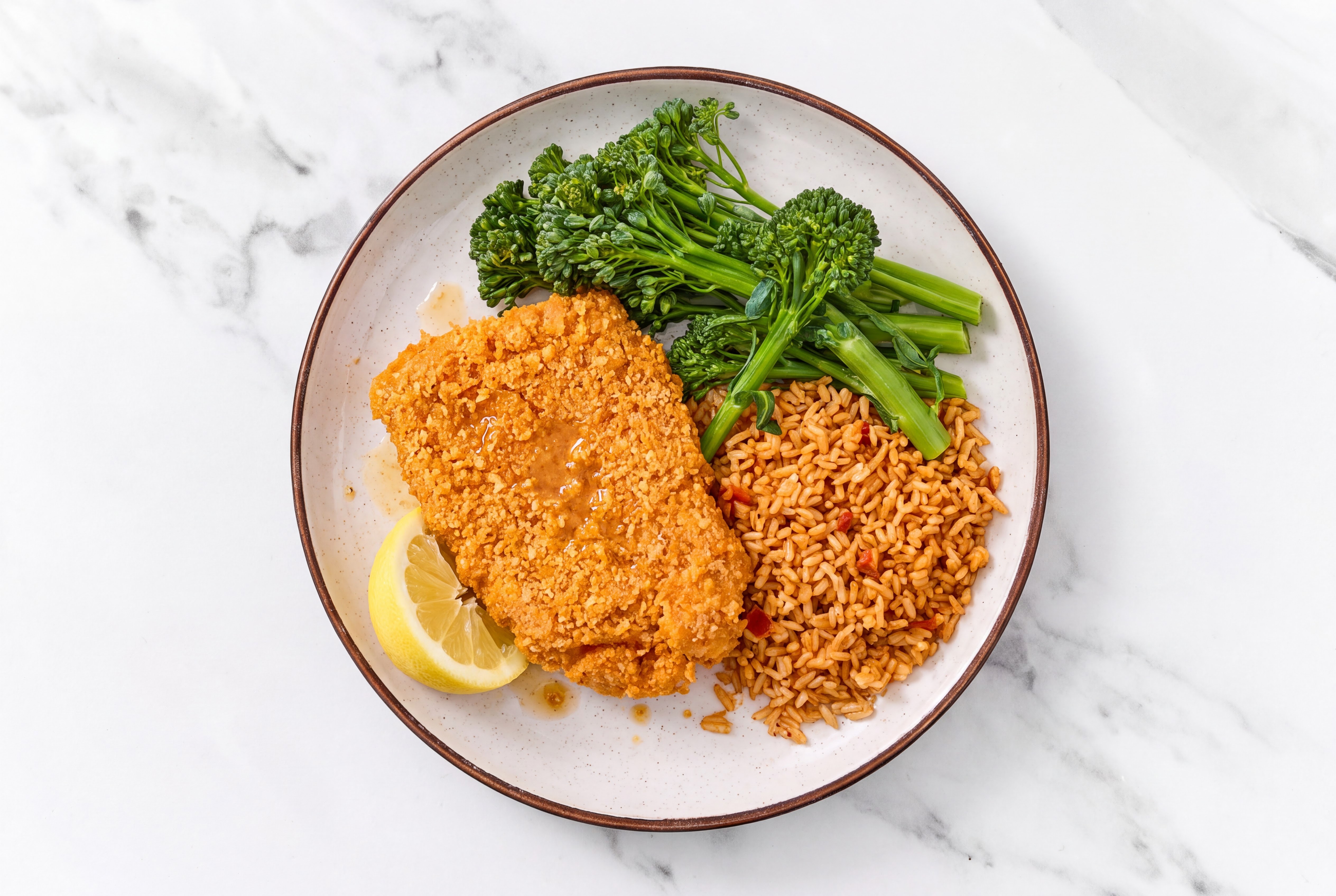 Lemon Hot Honey Breaded Chicken Cutlet with Baby Broccoli & Mexican Rice