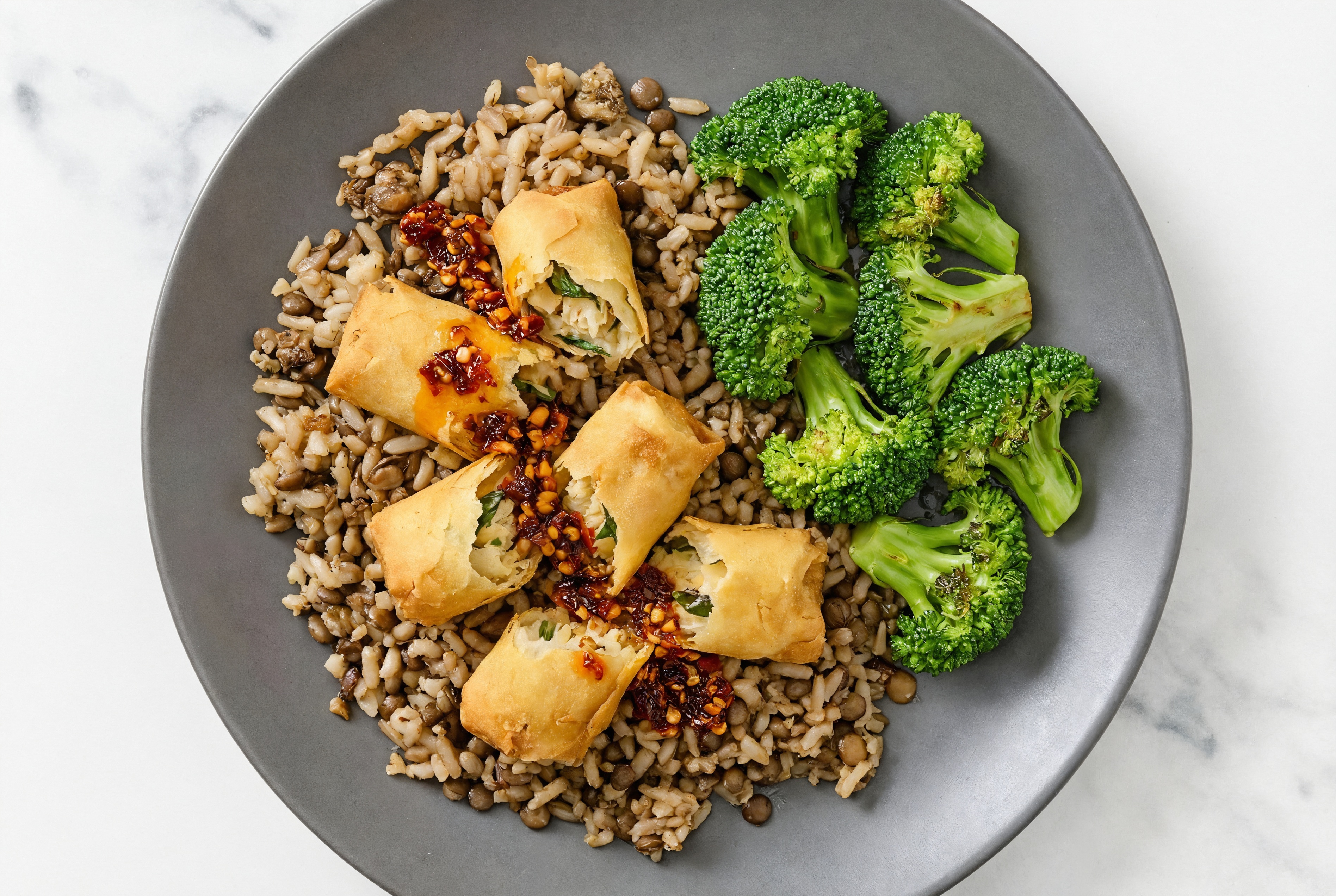 Chicken Spring Roll + Broccoli Chili Crisp Bowl