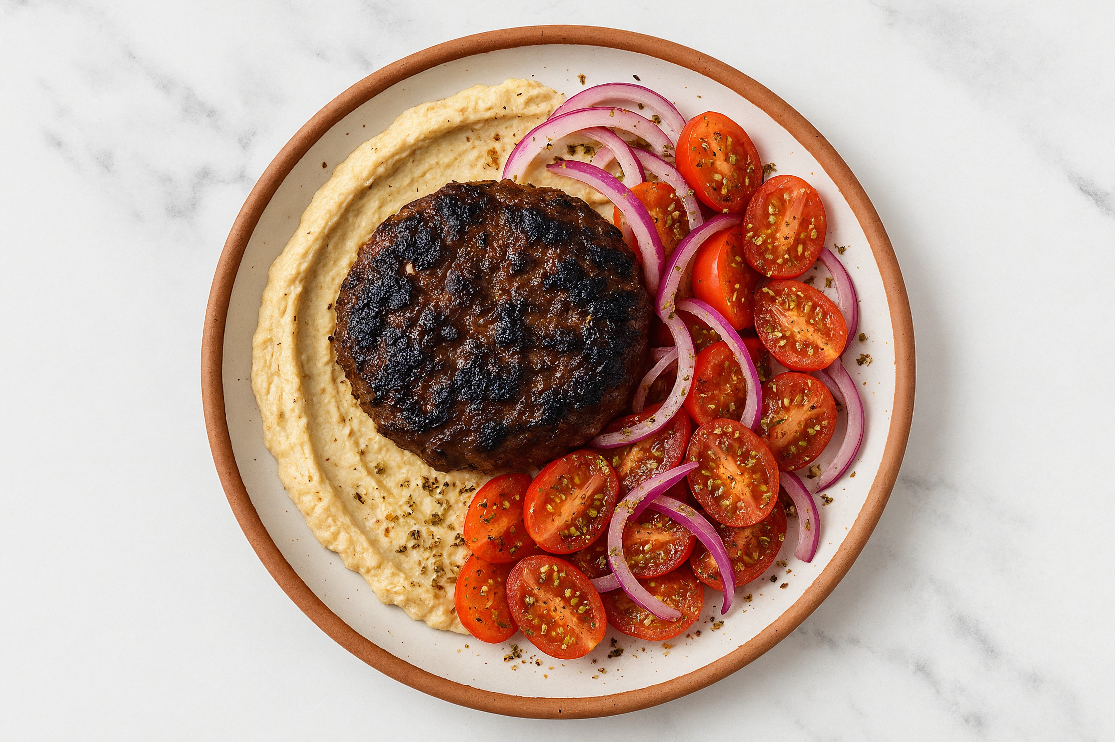 Beef + Lemon Dill Hummus, Grape Tomatoes, Red Onion + Za'atar Bowl