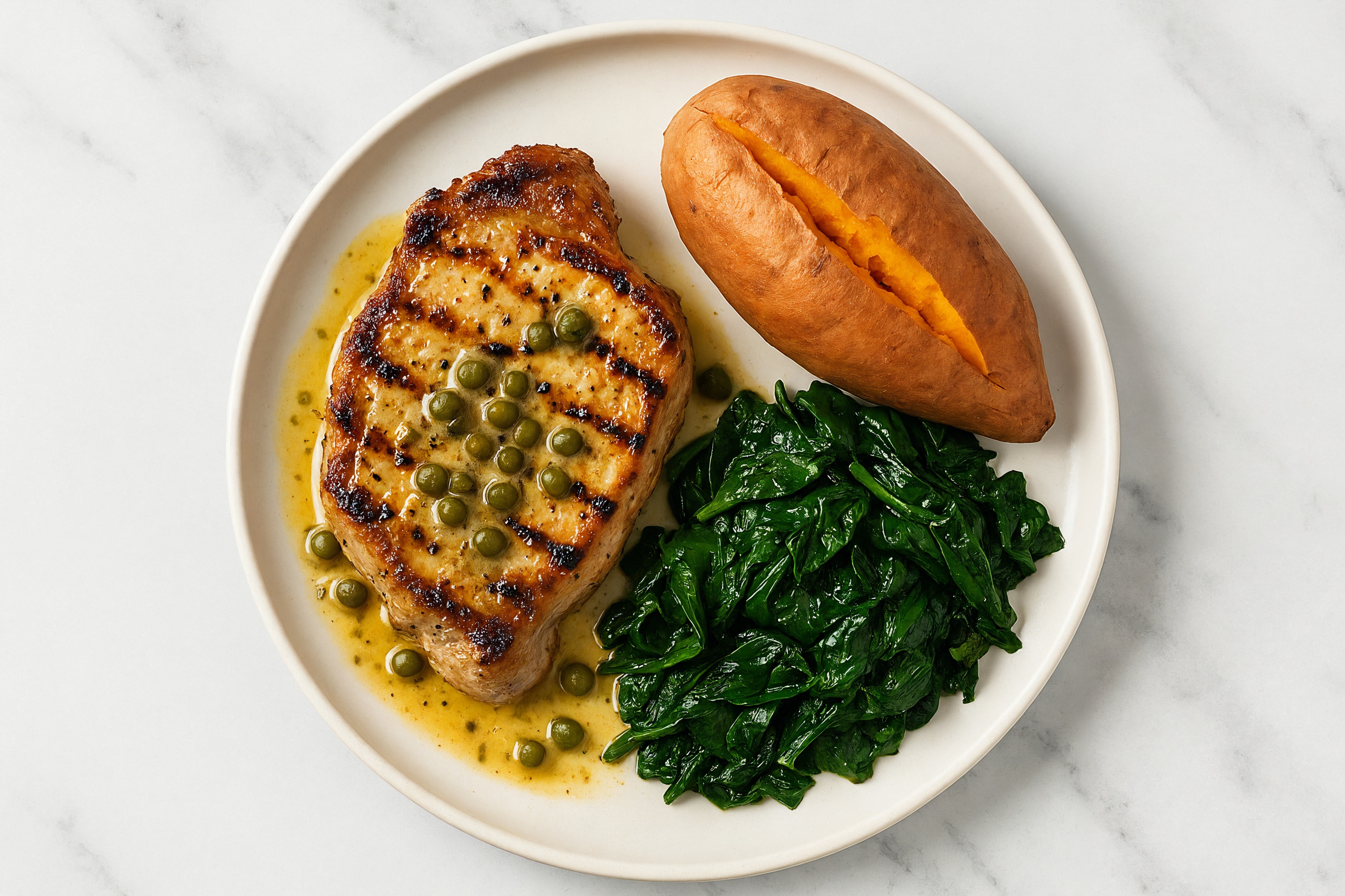 Caper-Slow Churned Lemon & Peppercorn Pasture Butter Pork Chops with Sweet Potato & Spinach
