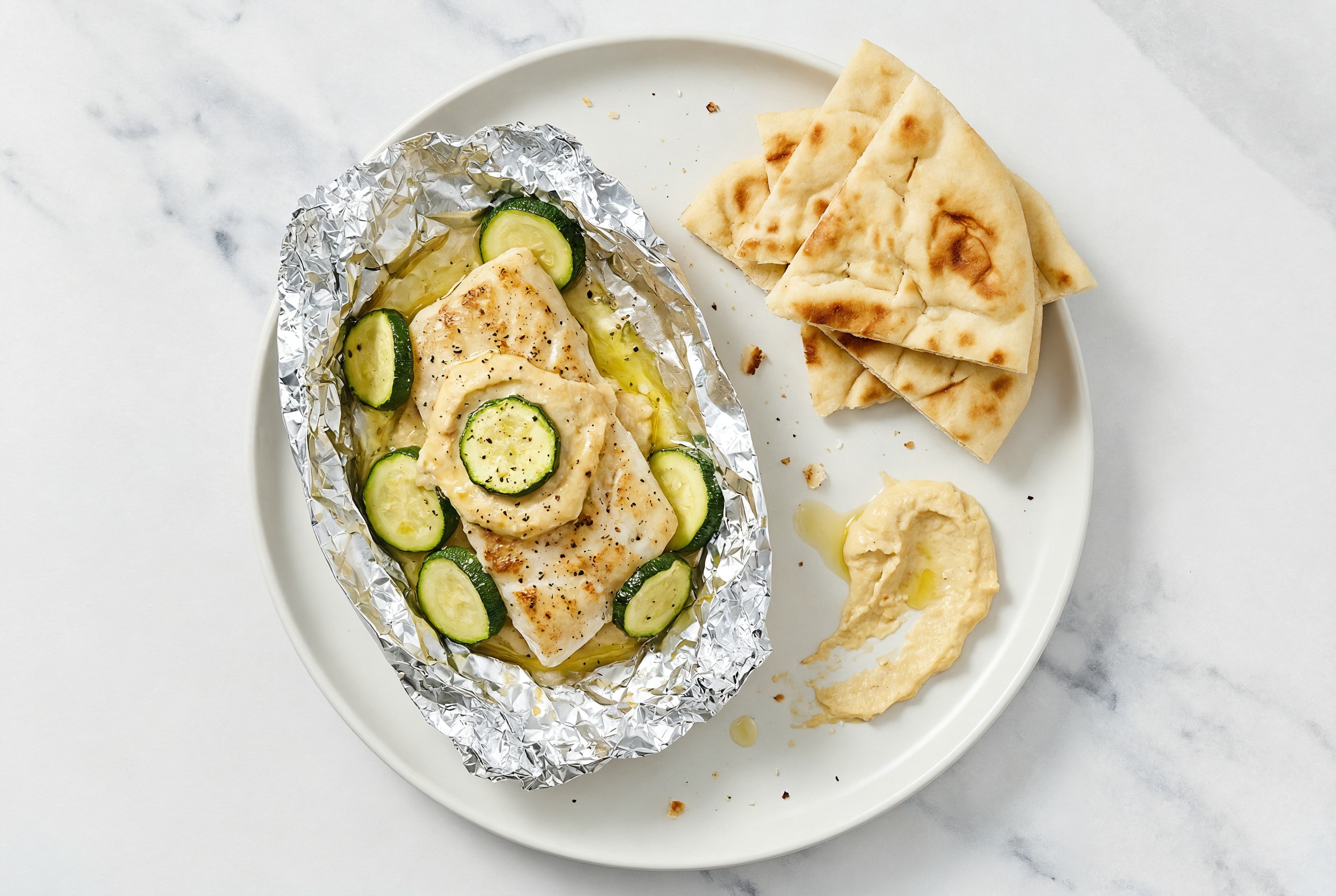 Roast + Ready Halibut + Veggies with Lemon Garlic Naan