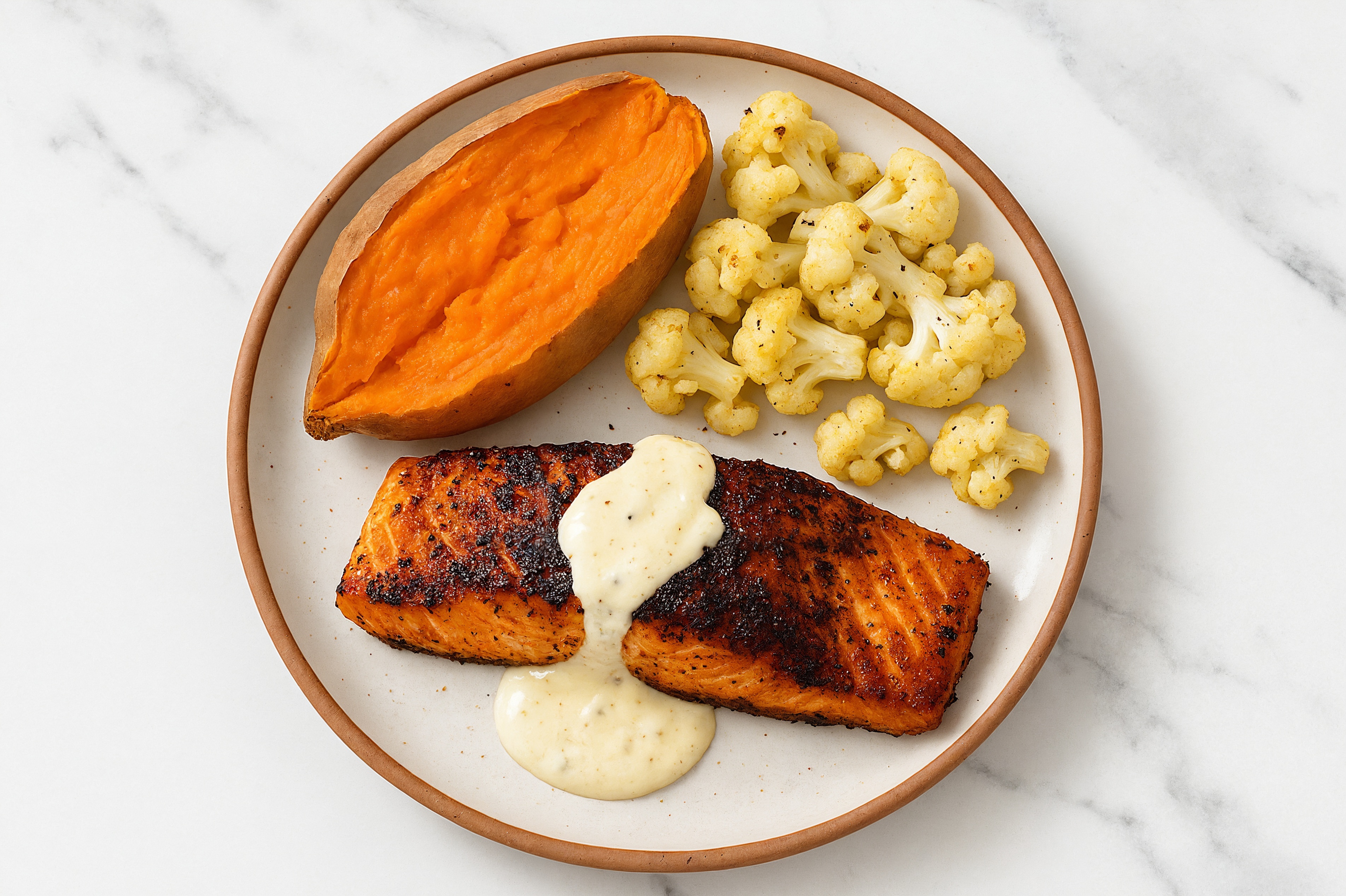 Blackened Salmon + Creamy Garlic Veggies with Cauliflower Florets
