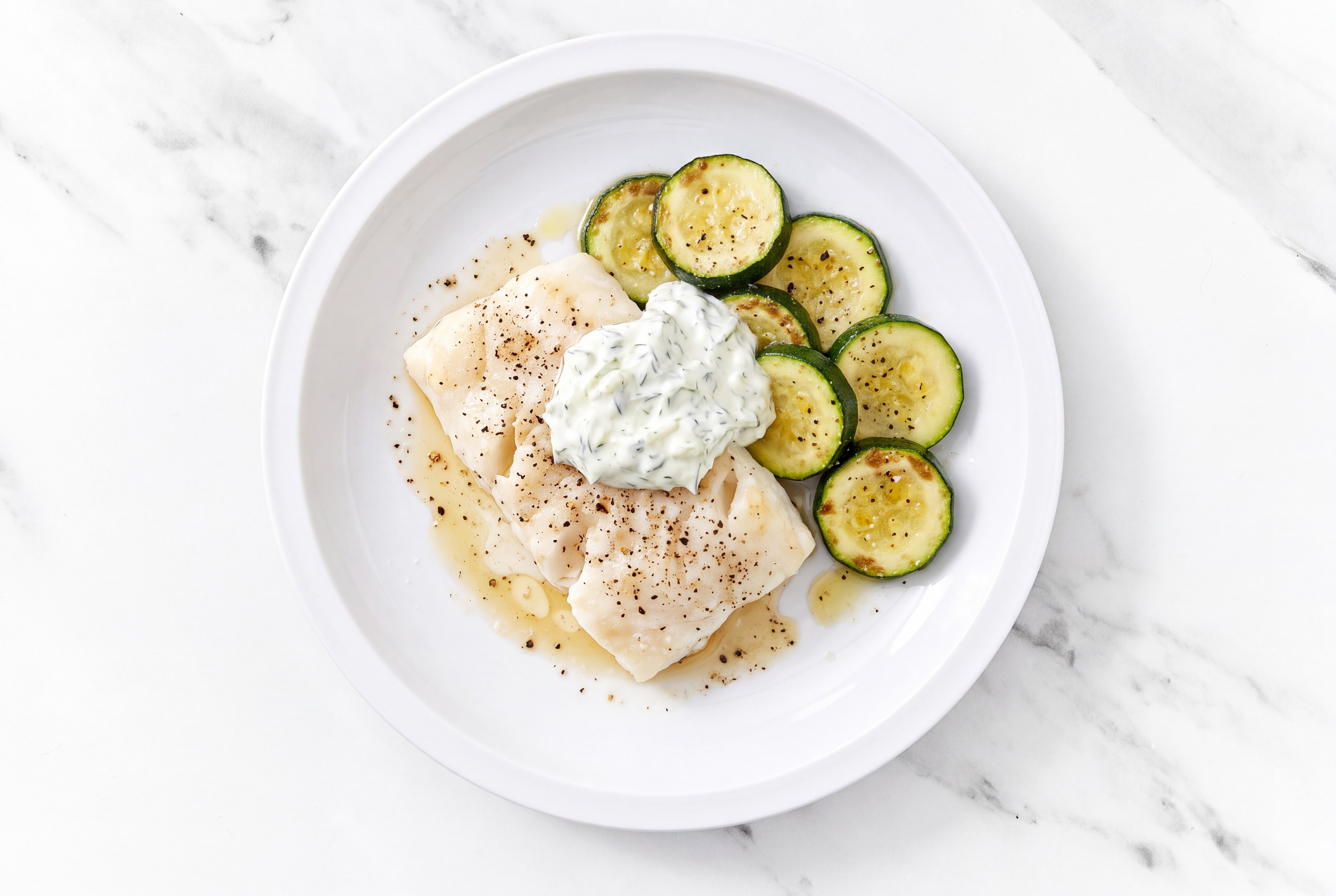 Oven Roasted Halibut with Tzatziki + Zucchini
