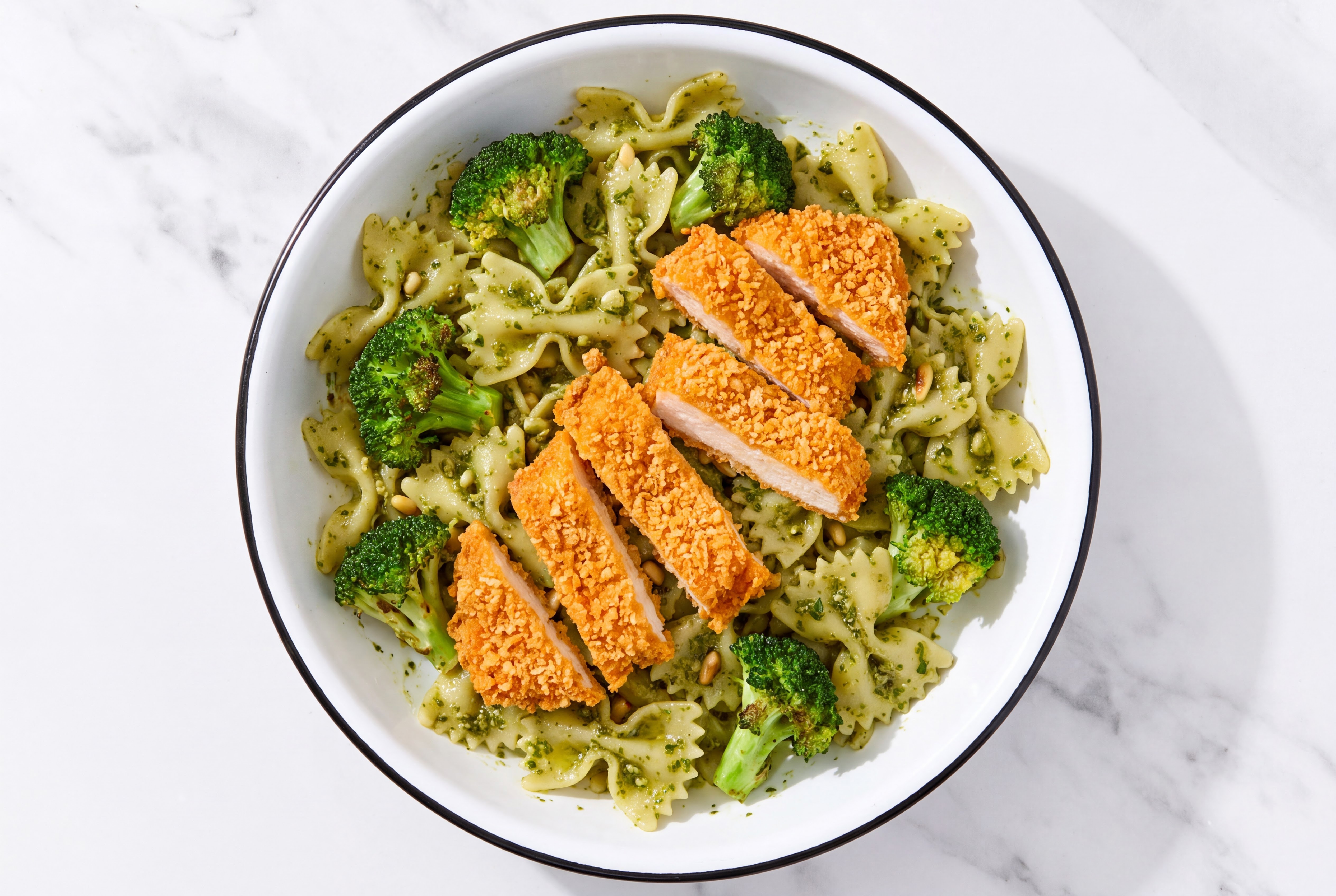 Crispy Hot Honey Chicken over Pesto Farfalle with Broccoli